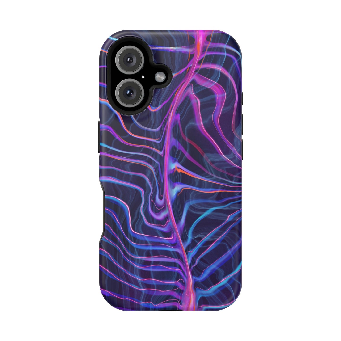 The back of the Electric Wave Magnetic Tough Case for iPhone with a vibrant blue and purple psychedelic pattern.