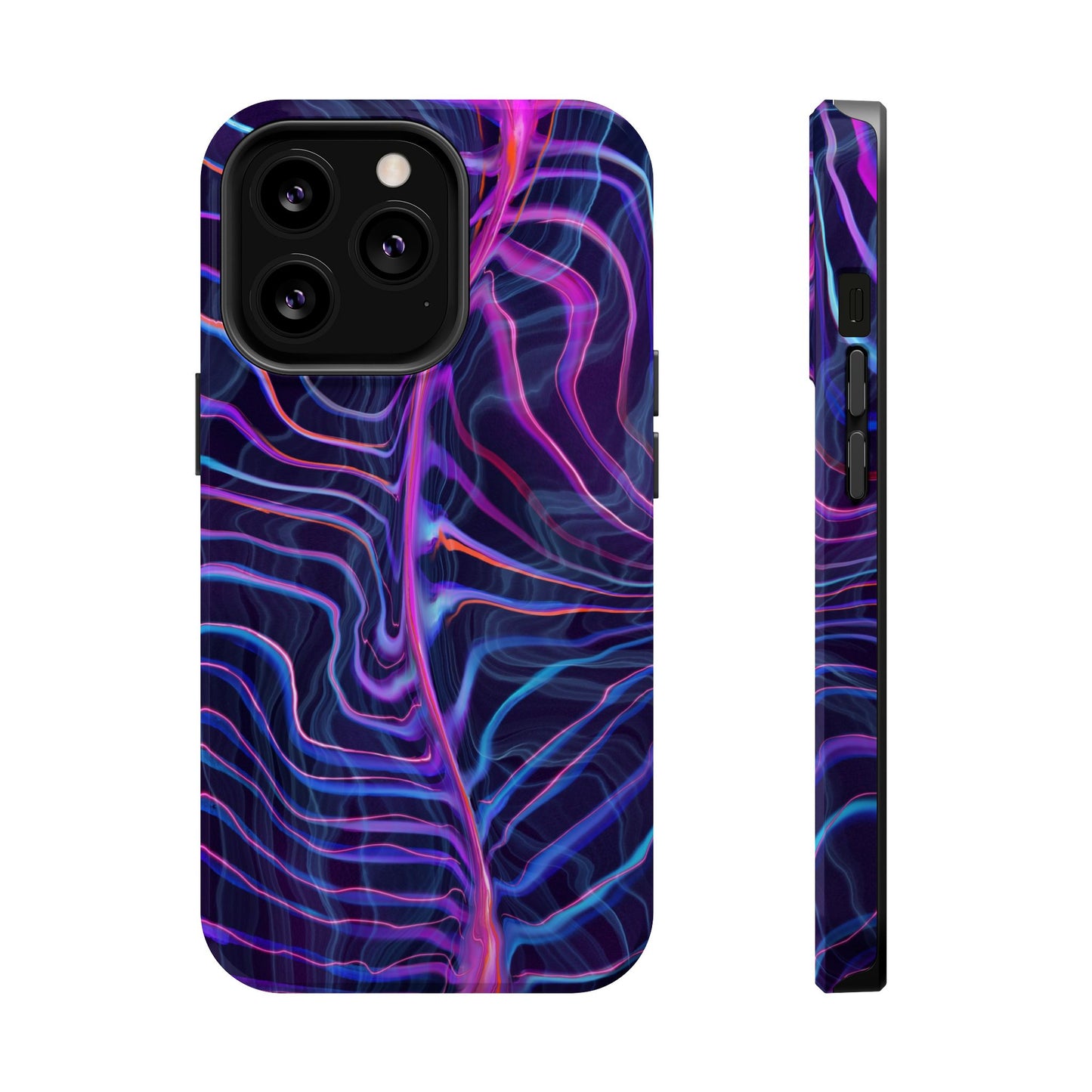 Electric Wave Magnetic Tough Case for iPhone with a vibrant trippy pattern featuring shades of blue and purple.