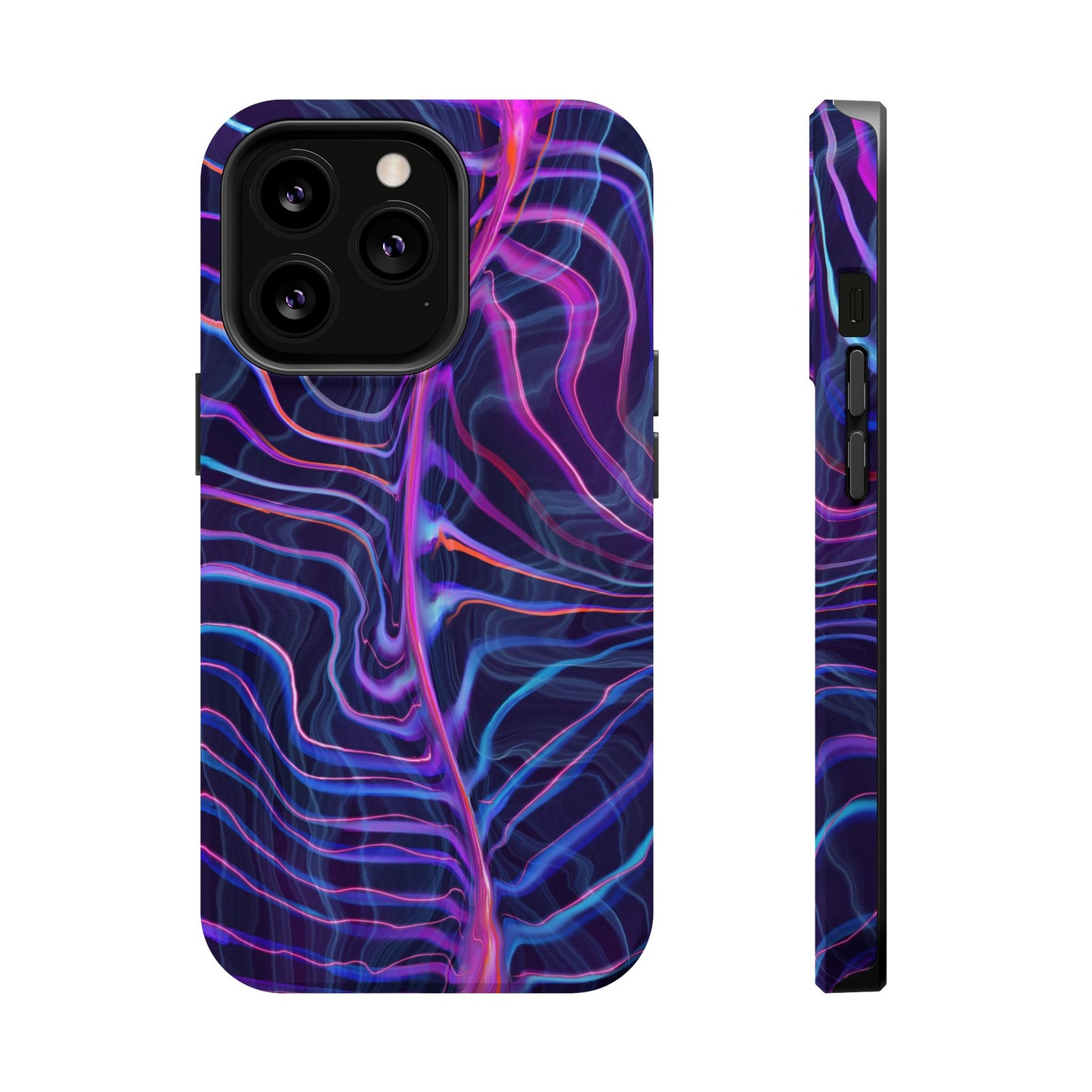 Electric Wave Magnetic Tough Case for iPhone with a vibrant psychedelic and trippy pattern featuring shades of blue and purple.