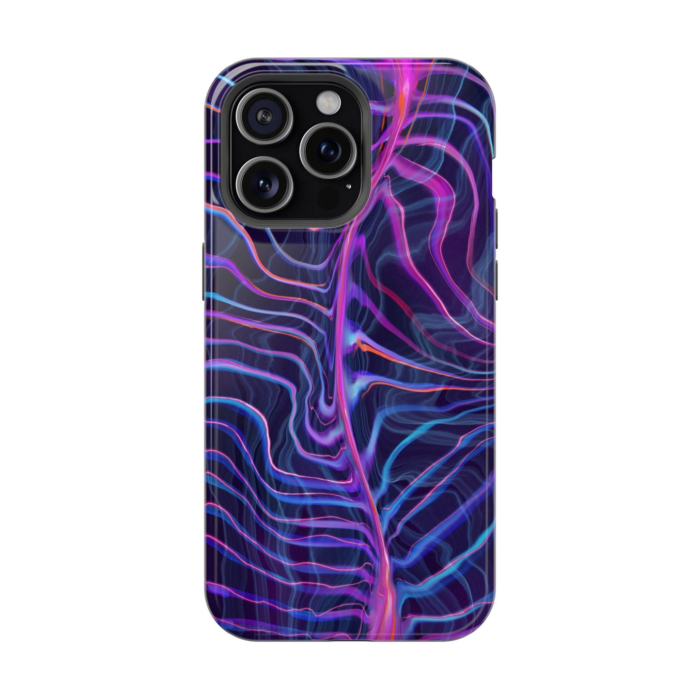 The back of the Electric Wave Magnetic Tough Case for iPhone shown with a vibrant psychedelic pattern featuring shades of blue and purple.