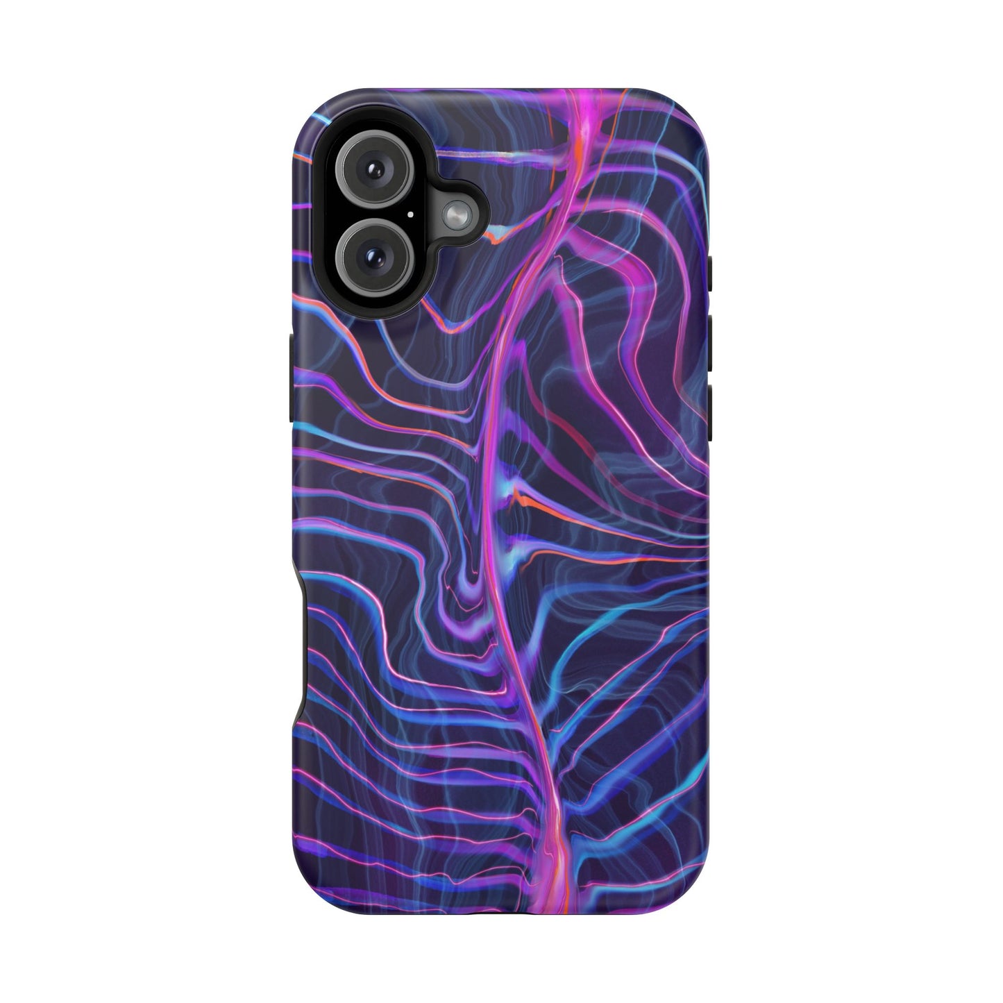 The back of the Electric Wave Magnetic Tough Case for iPhone which has a vibrant psychedelic pattern composed of shades of blue and purple.