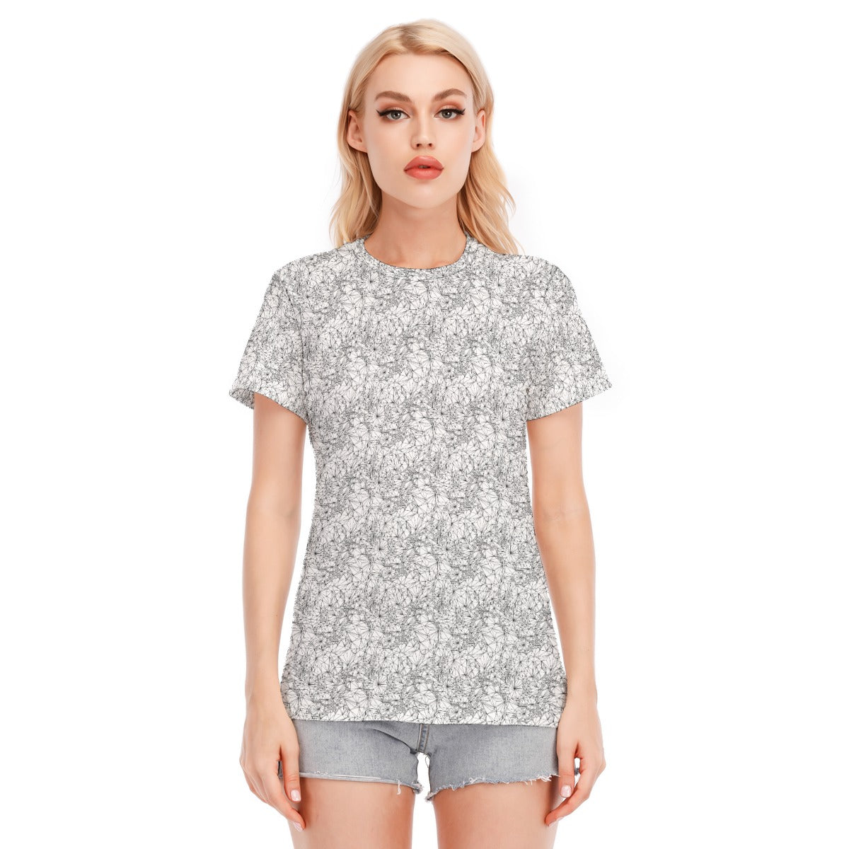 Black and White Tri-Mesh Geometric Womens Cotton T-shirt Front