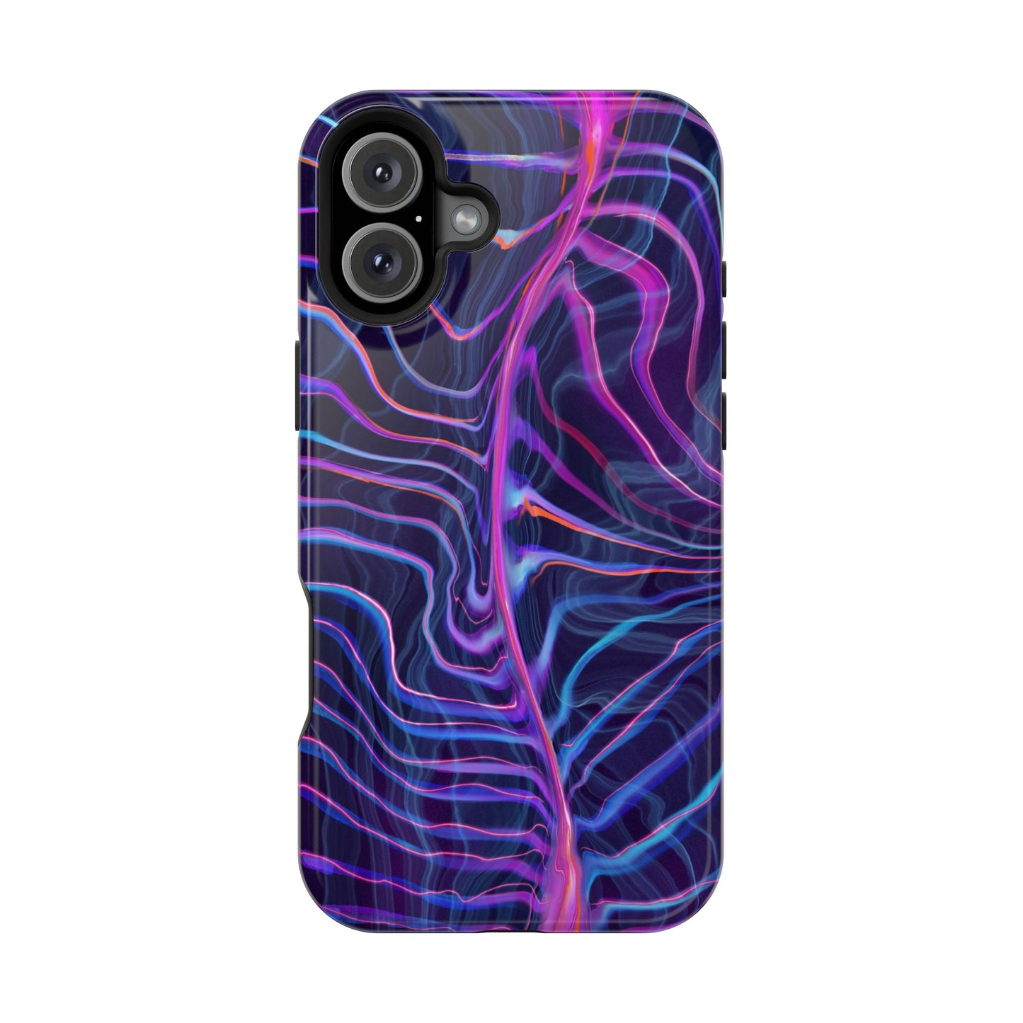 The back of the Electric Wave Magnetic Tough Case for iPhone shown with a trippy pattern featuring shades of blue, pink, and purple.