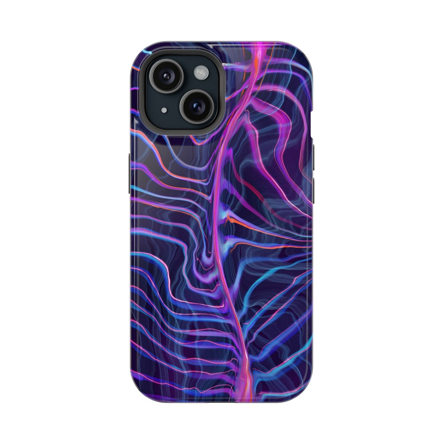 Electric Wave Magnetic Tough Case for iPhone with a bold psychedelic art print pattern featuring shades of blue and purple.