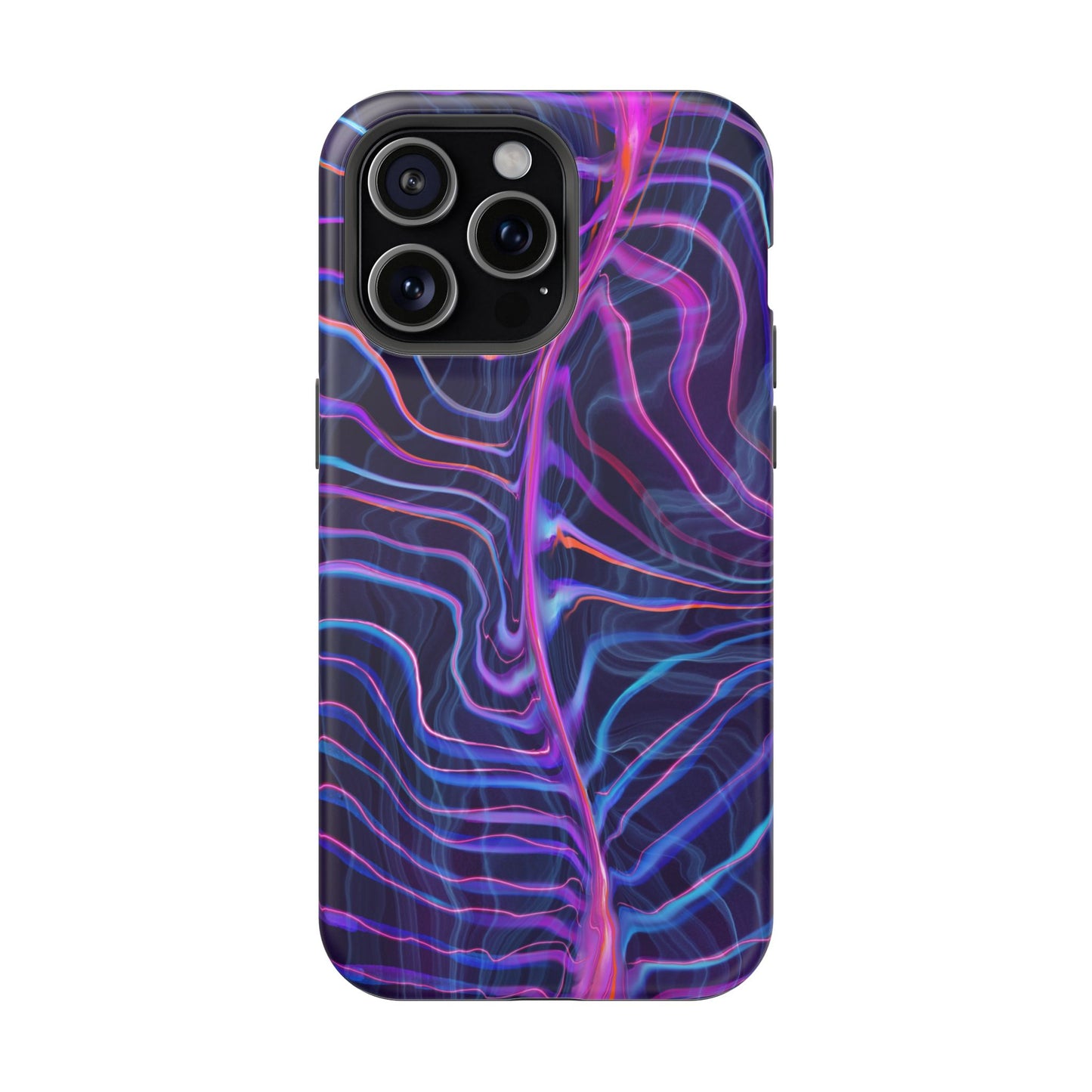 The back of the Electric Wave Magnetic Tough Case for iPhone featuring a vibrant psychedelic pattern with shades of blue and purple.