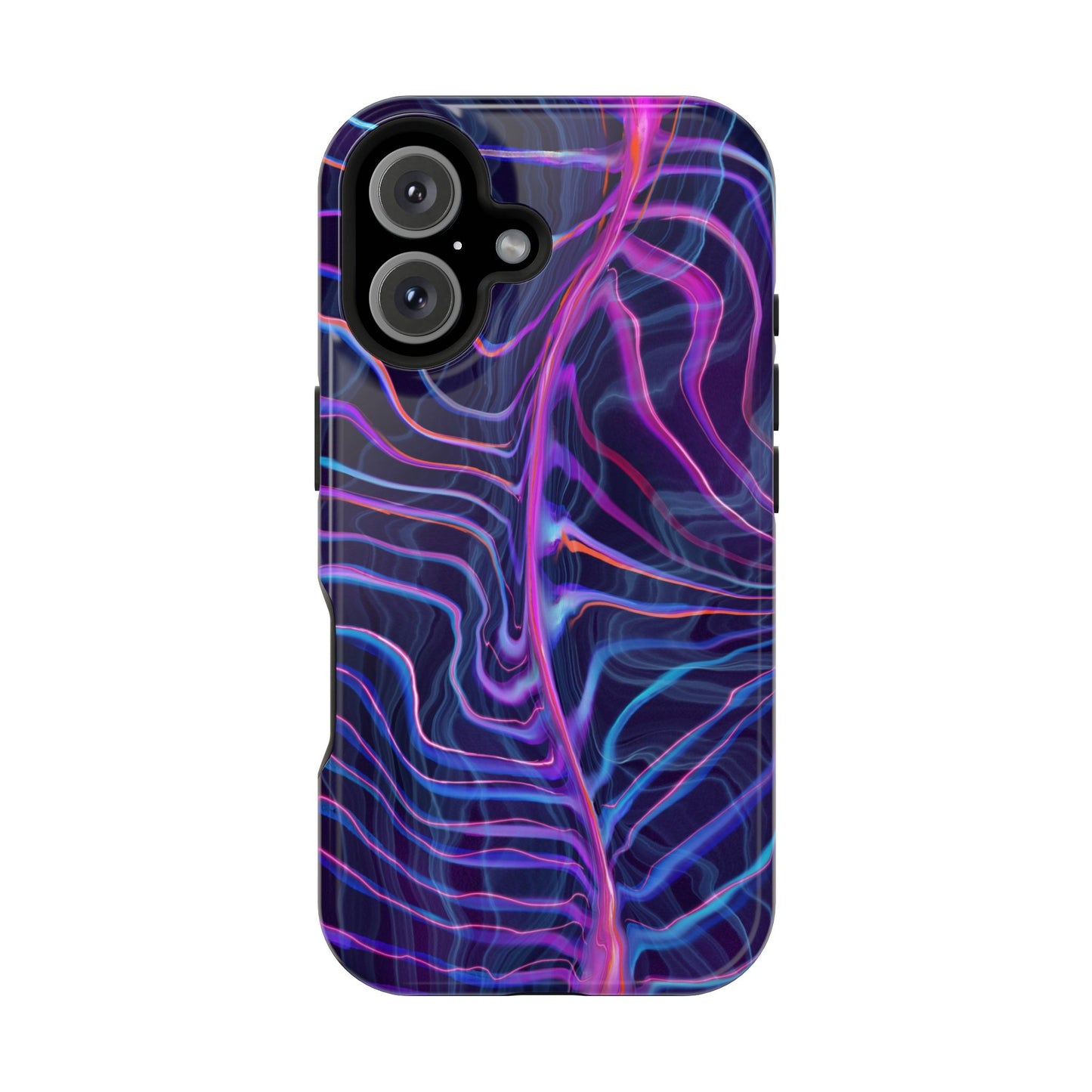 The back of the Electric Wave Magnetic Tough Case for iPhone with a psychedelic pattern that includes shades of blue and purple.