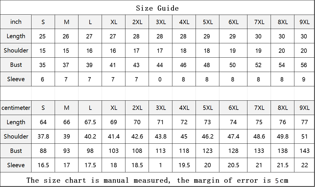 Size Guide for Black and White Tri-Mesh Geometric Womens Cotton T-shirt ranging from small to 9XL.