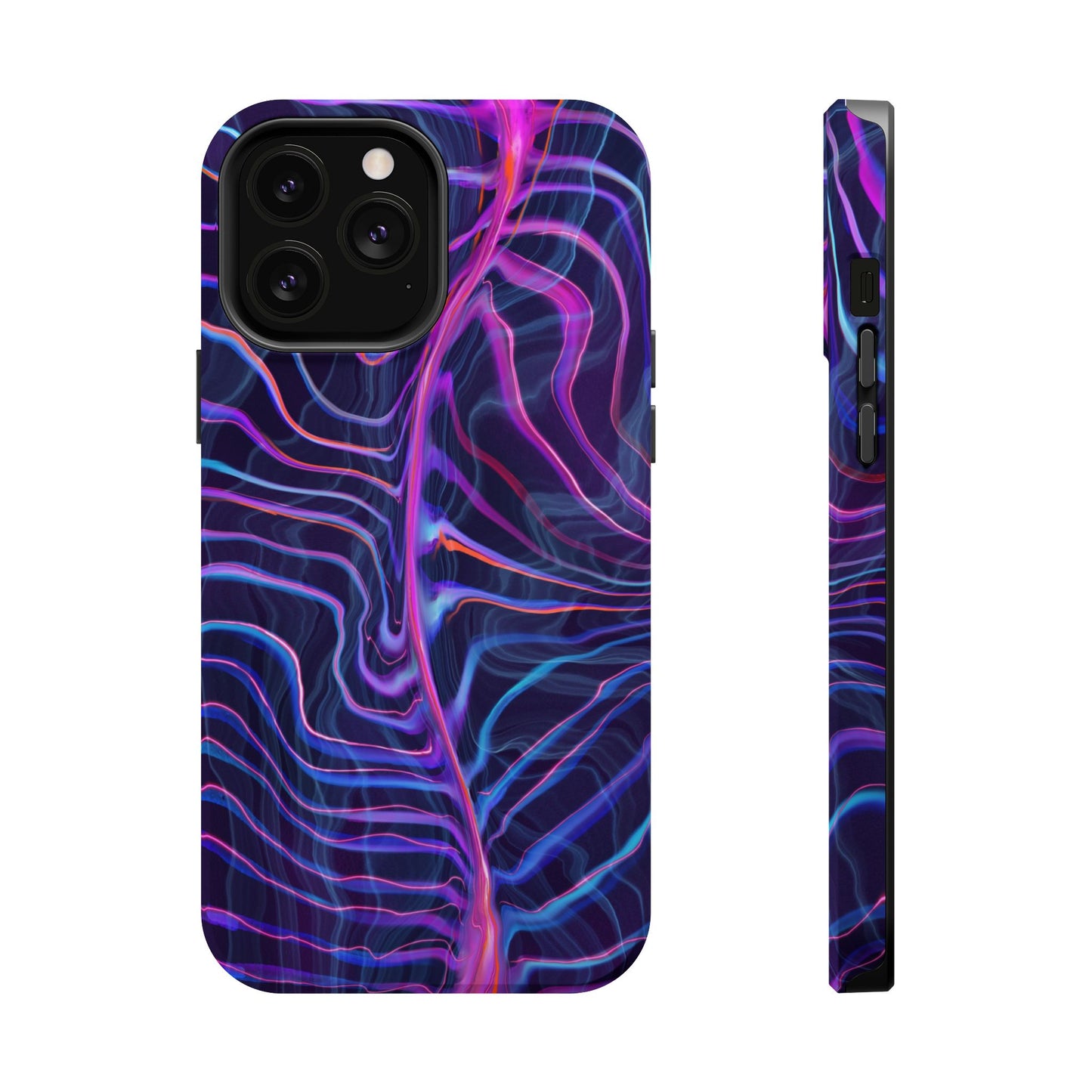 Electric Wave Magnetic Tough Case for iPhone with a vibrant psychedelic art pattern featuring shades of blue and purple.