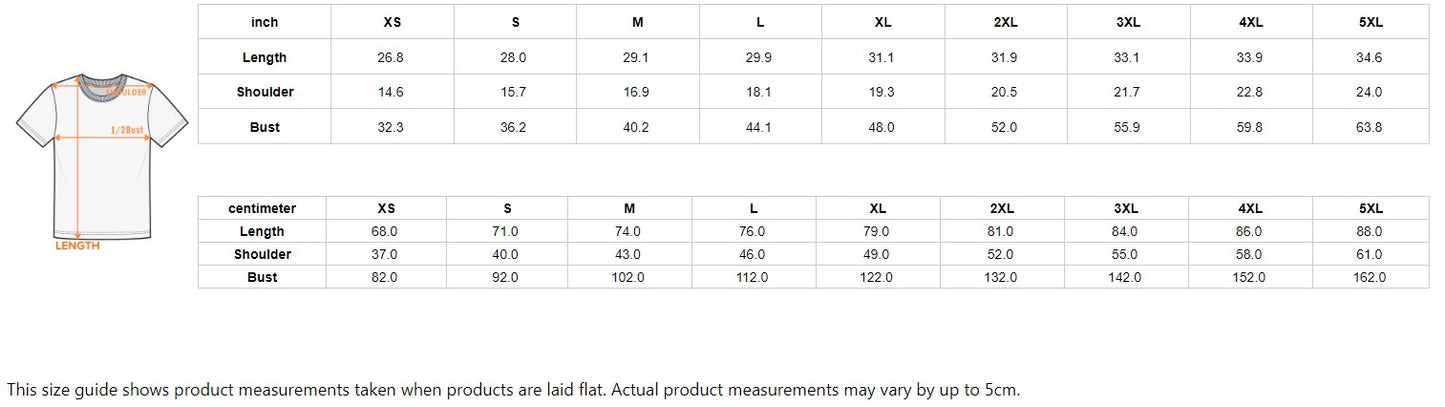 Size chart for shirts with measurements in inches and centimeters