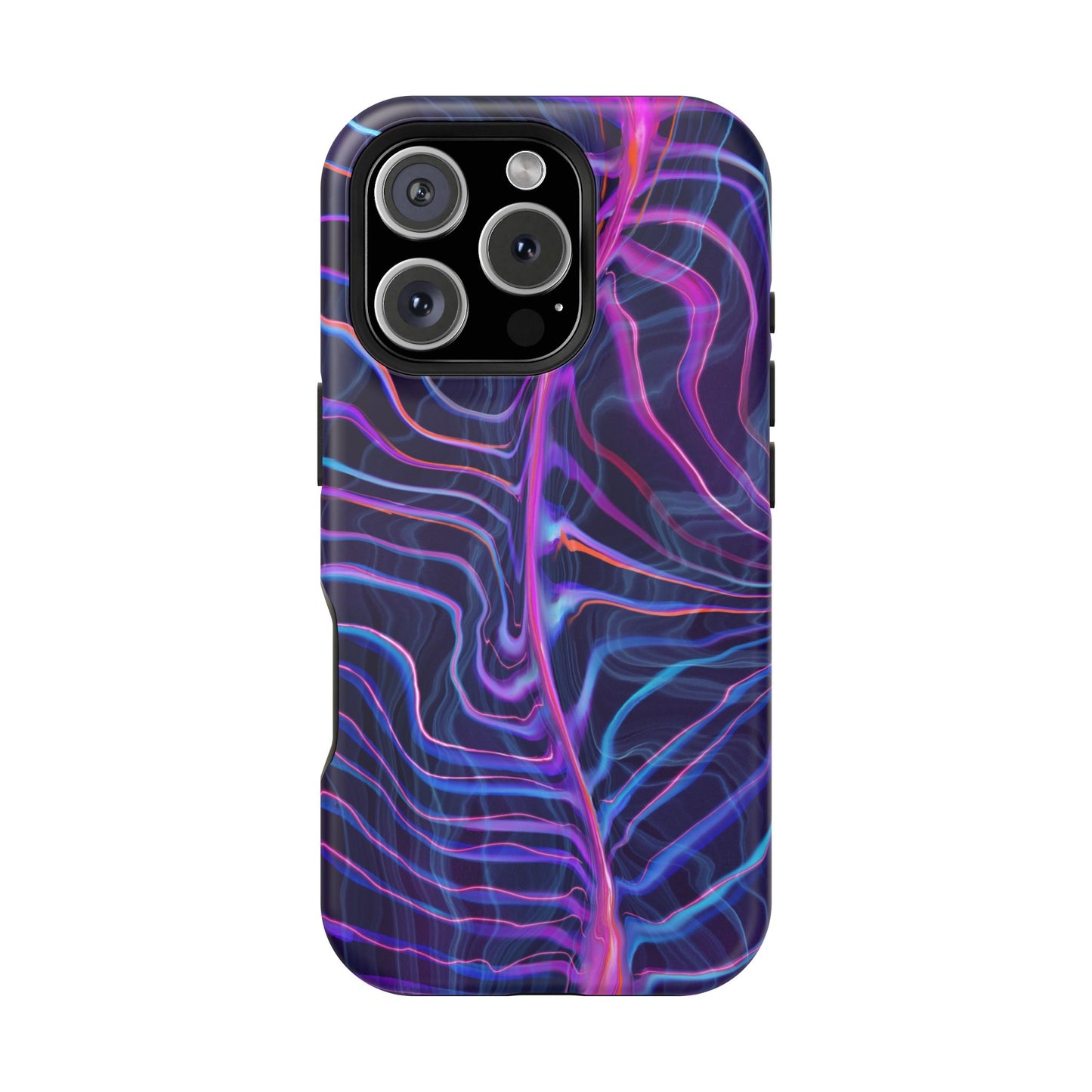 The back of the Electric Wave Magnetic Tough Case for iPhone that has a colorful psychedelic pattern featuring shades of blue and purple.