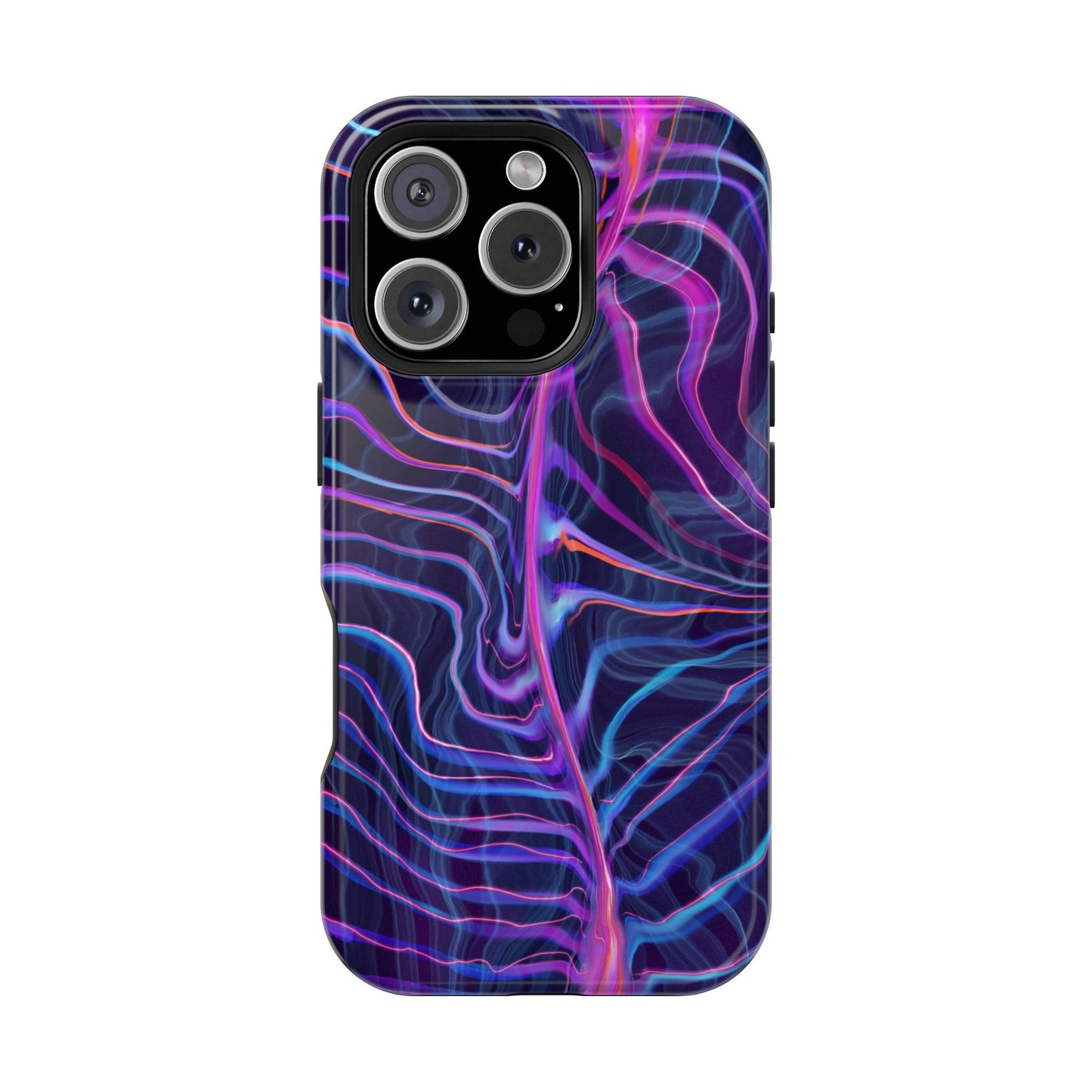 The back of the Electric Wave Magnetic Tough Case for iPhone which features a trippy and colorful psychedelic pattern featuring shades of blue and purple.