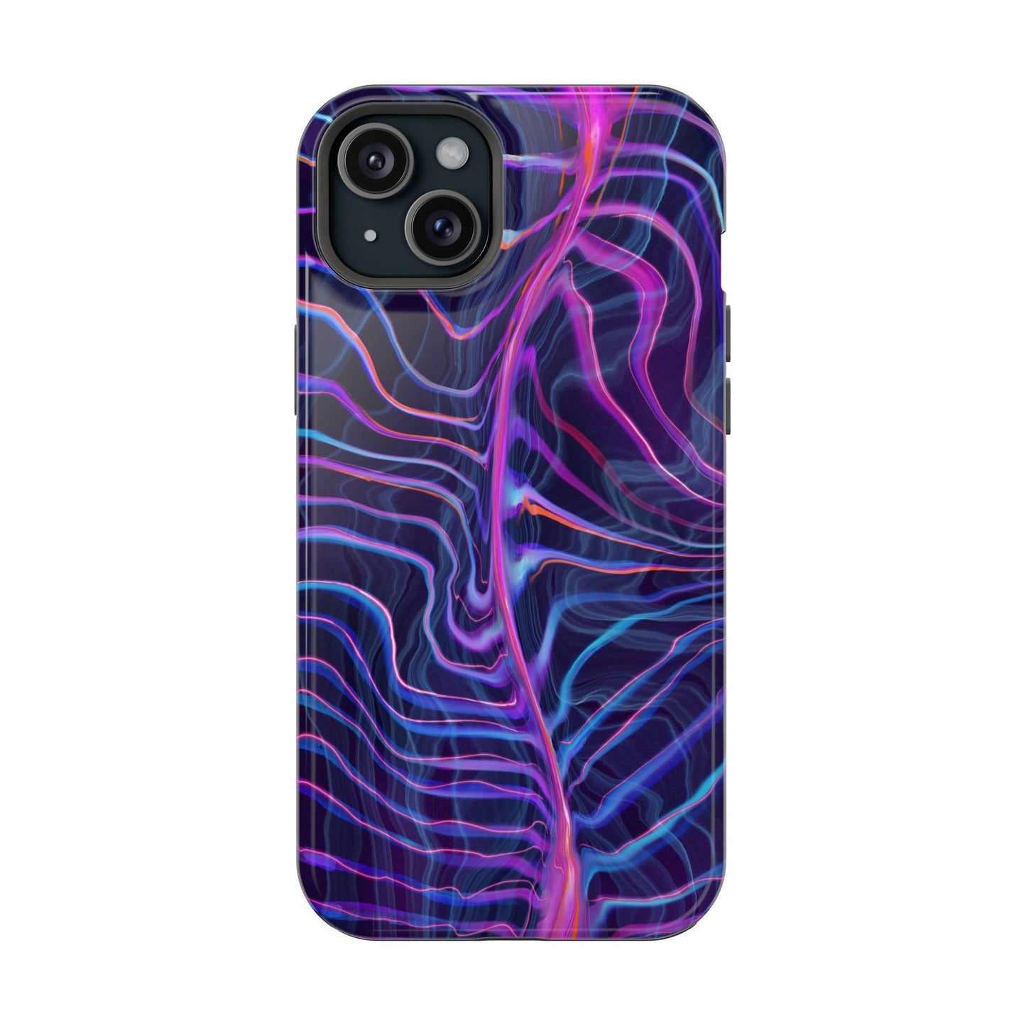 Electric Wave Magnetic Tough Case for iPhone with a vibrant psychedelic pattern including shades of blue and purple.