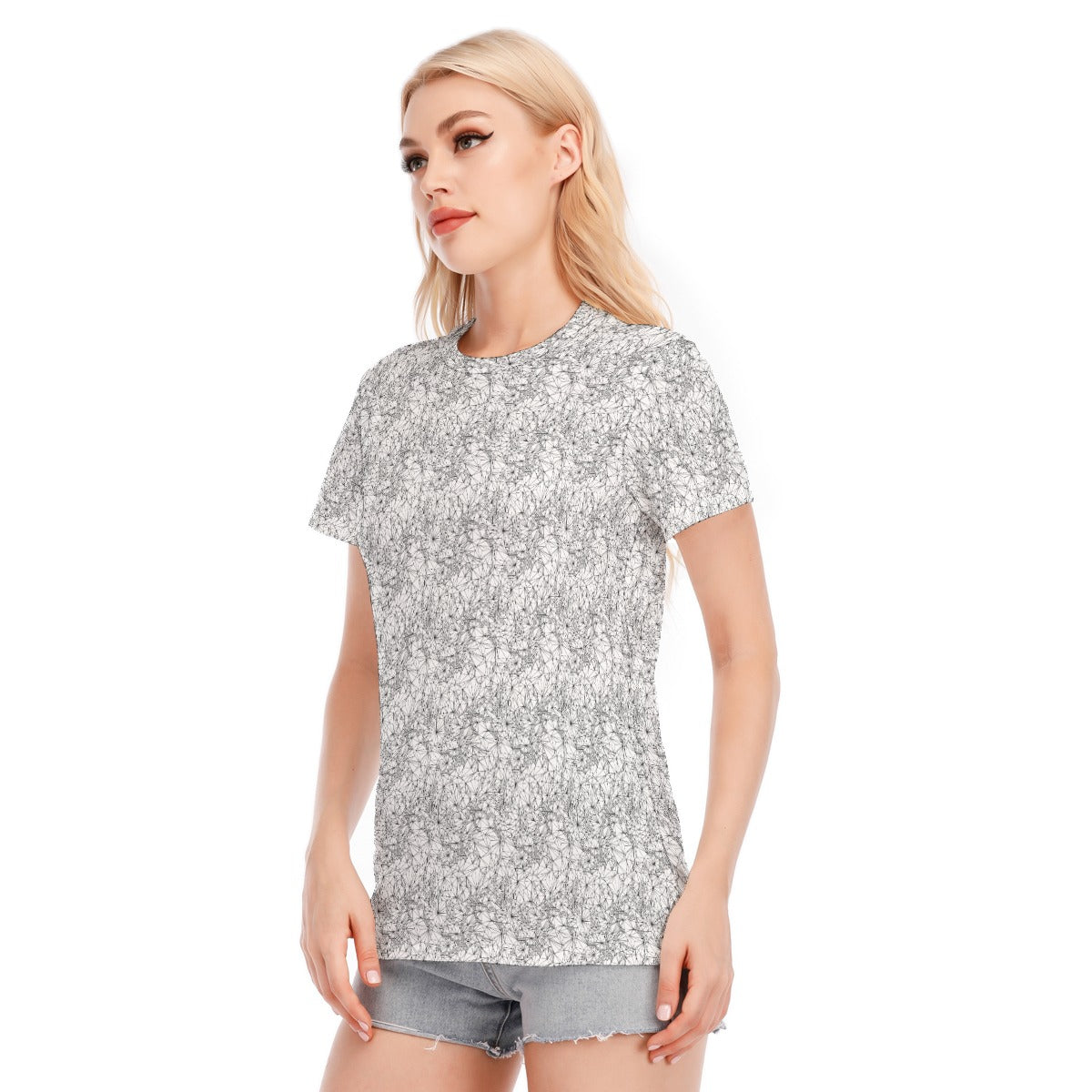 Woman wearing Black and White Tri-Mesh Geometric Womens Cotton T-shirt