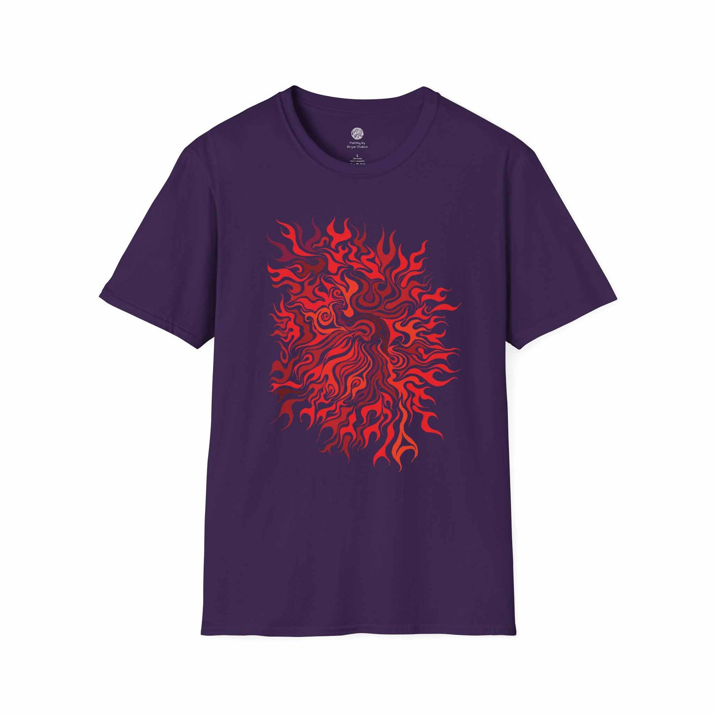 Purple t-shirt with red abstract design called Clarity by Bryan Dodson on a white background