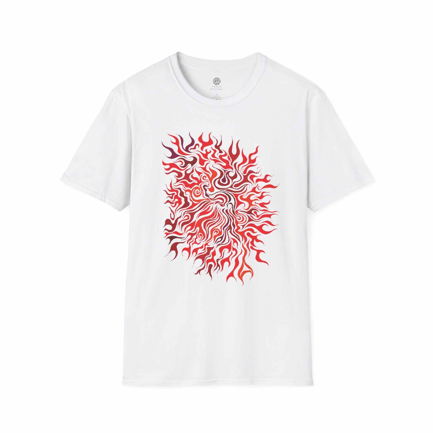 Crisp white t-shirt with red abstract design called Clarity by Bryan Dodson on a white background