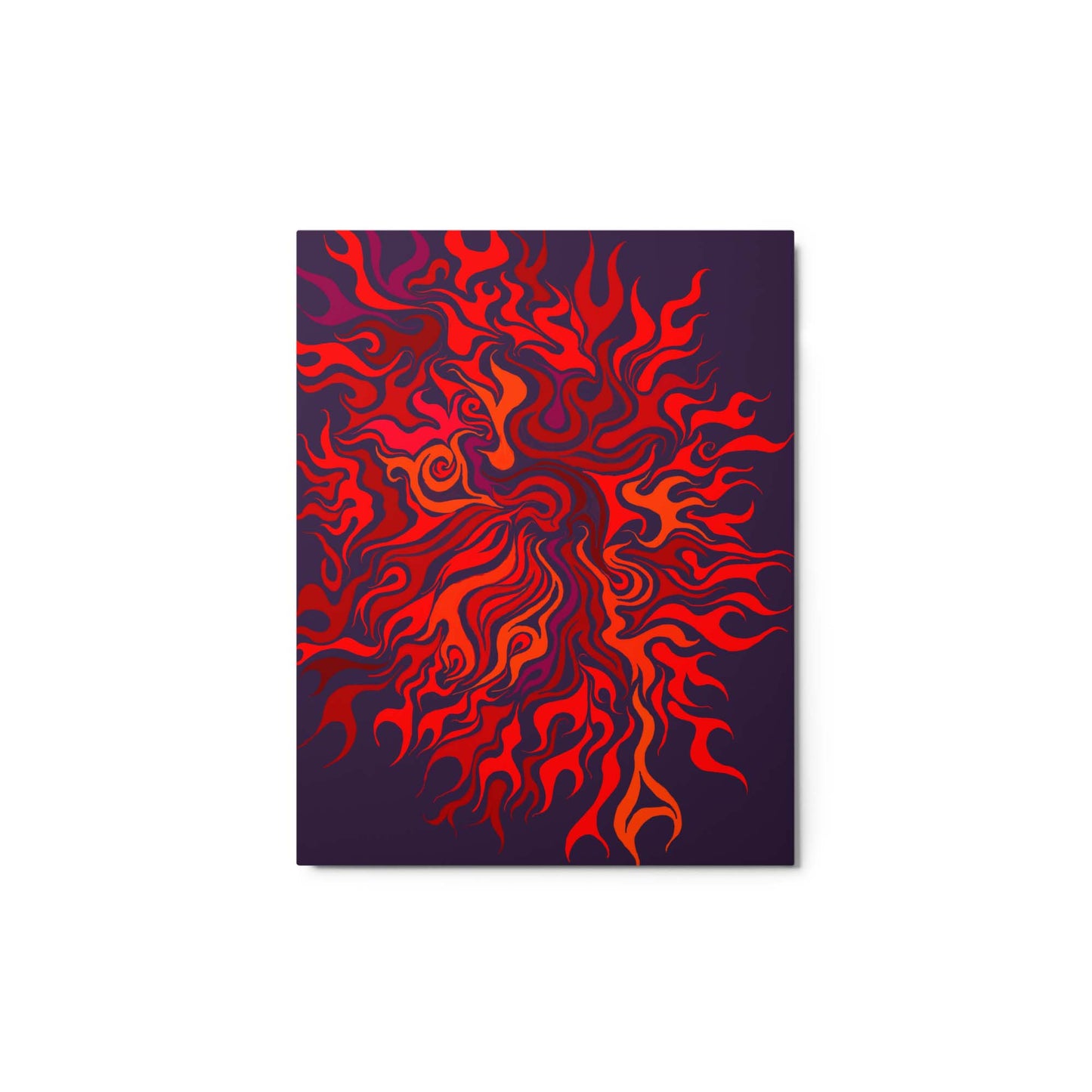 Showing the front of the 11x14 inch Clarity print on metal by Bryan Dodson, and abstract painting with bright reds and dark purples.