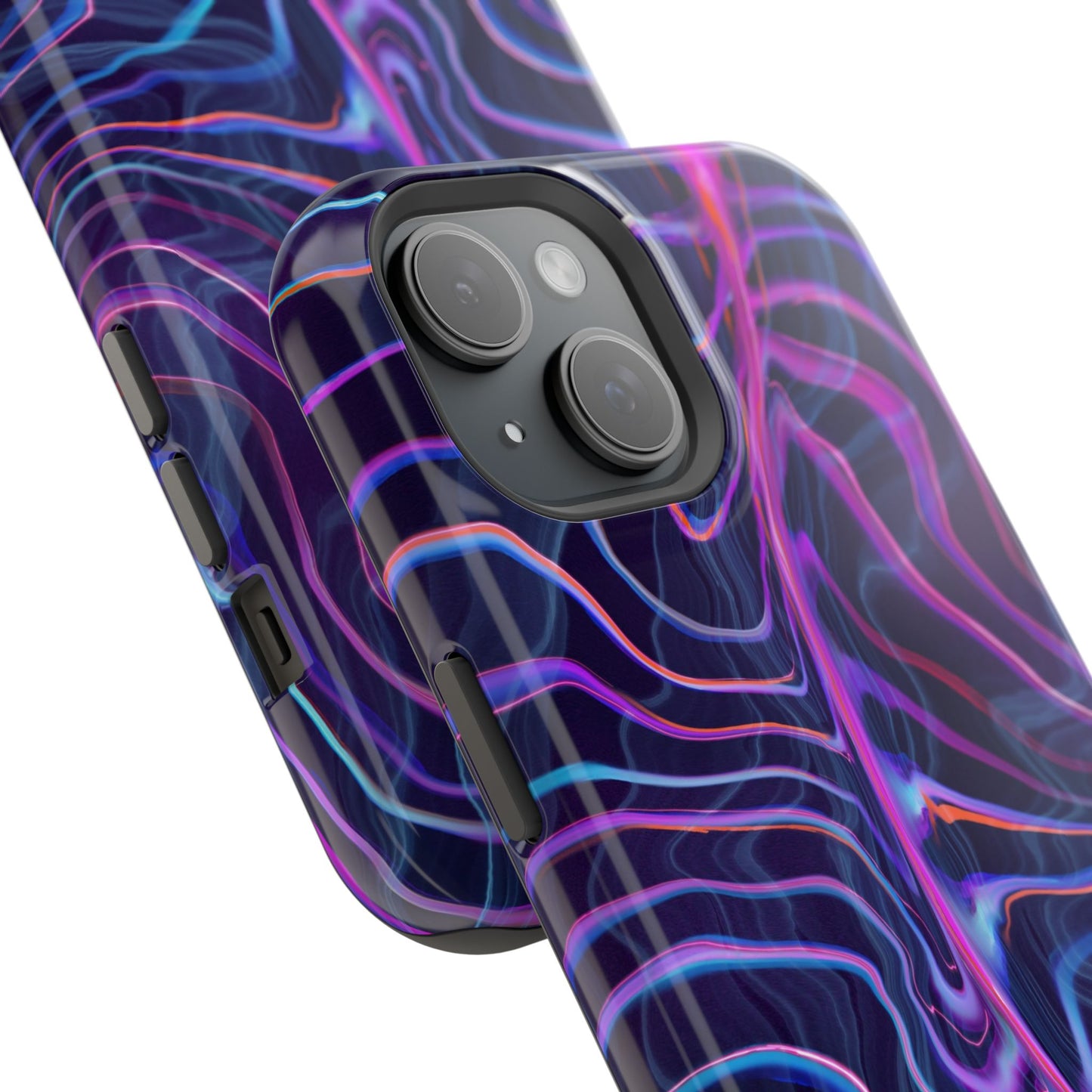 Showing case on an iPhone. Electric Wave Magnetic Tough Case for iPhone – Vibrant, Durable Protection with a Sleek Design.