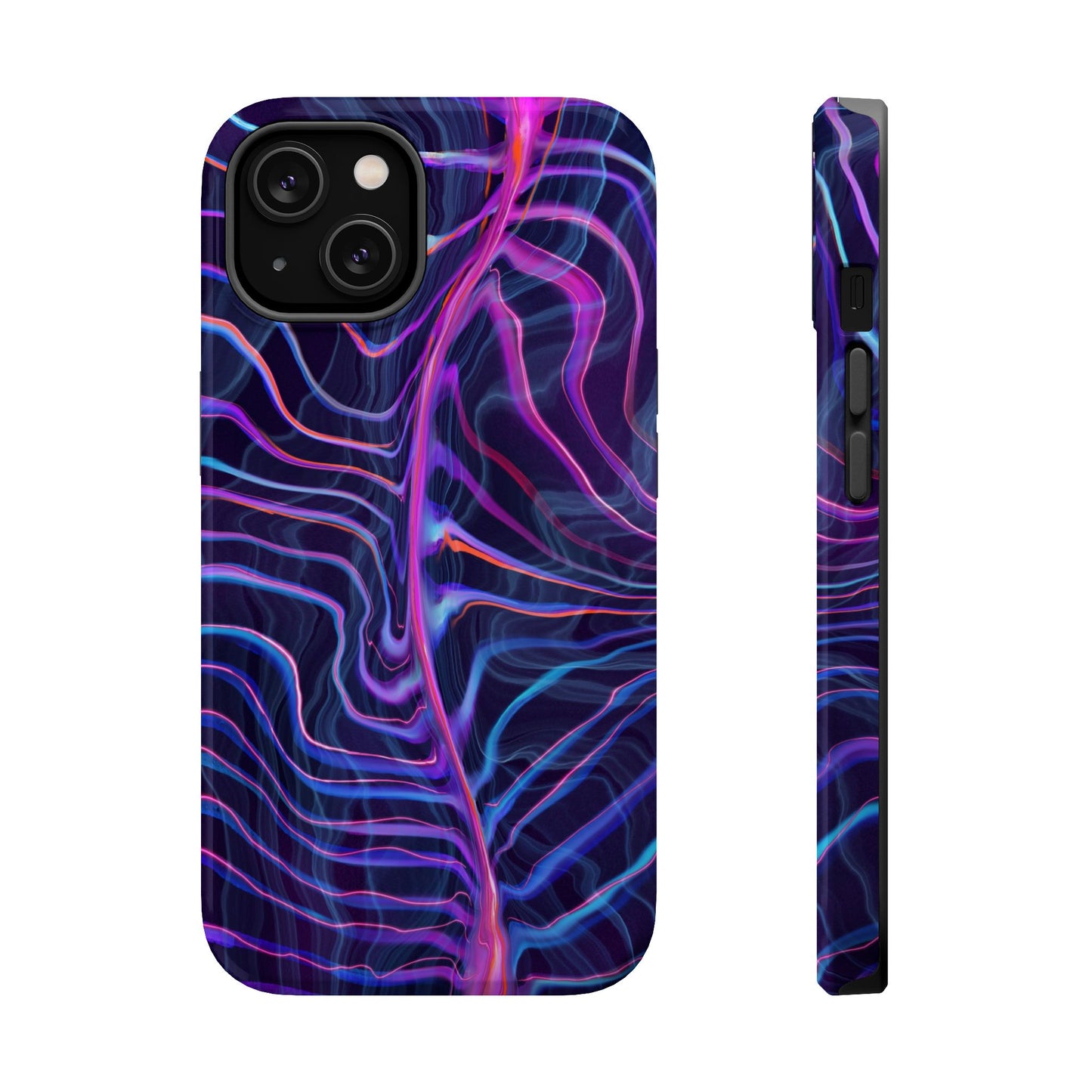 Electric Wave Magnetic Tough Case for iPhone 16 plastic case with a vibrant, abstract geometric pattern in blue and purple tones.