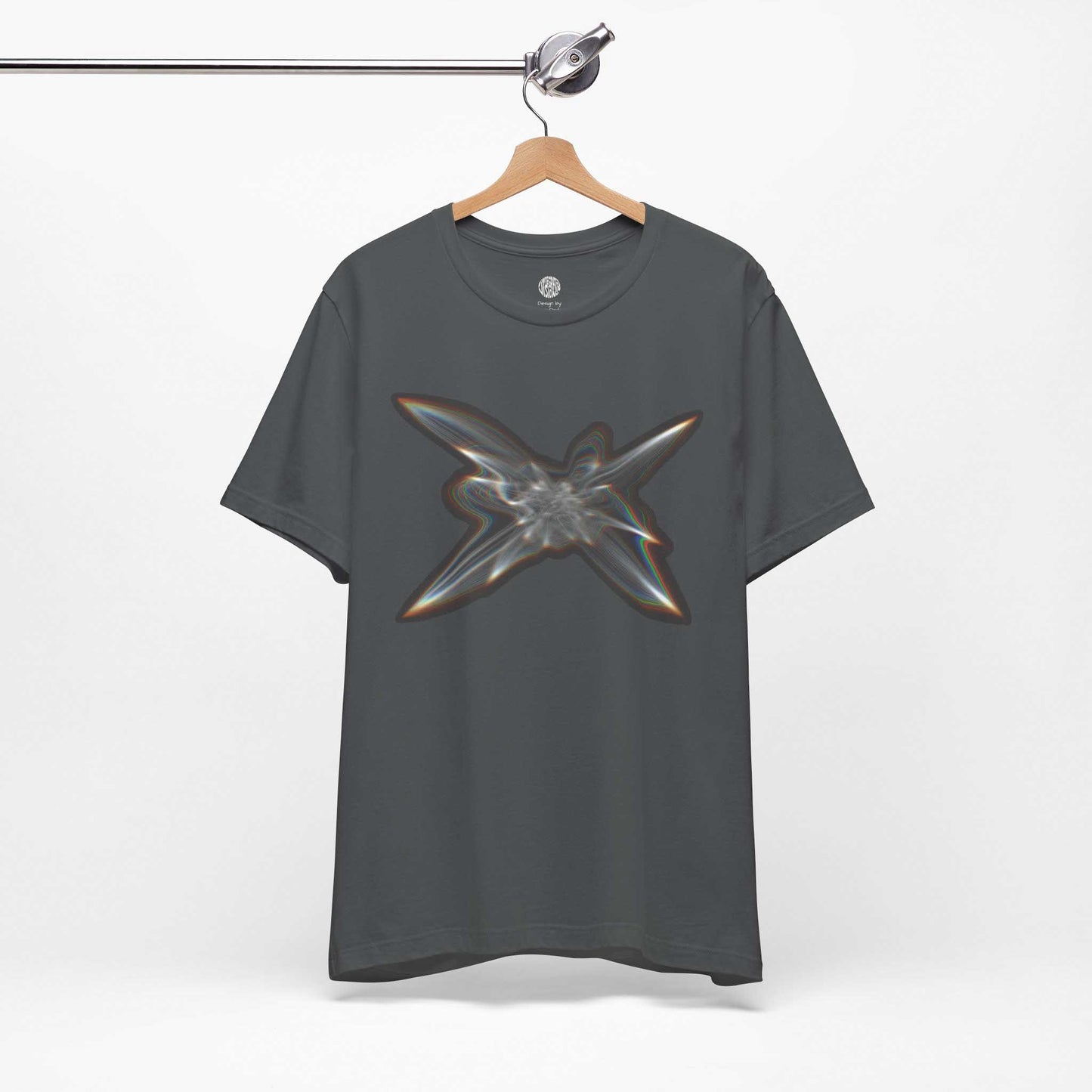 Front view of the Light Within graphic t-shirt in Asphalt color hanging on a hanger.