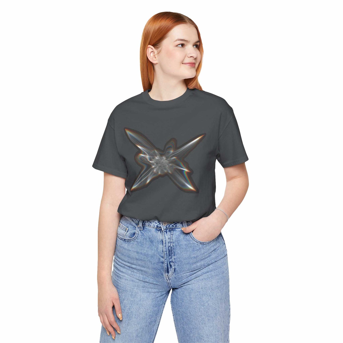 A woman wearing the Light Within graphic t-shirt in Asphalt color.