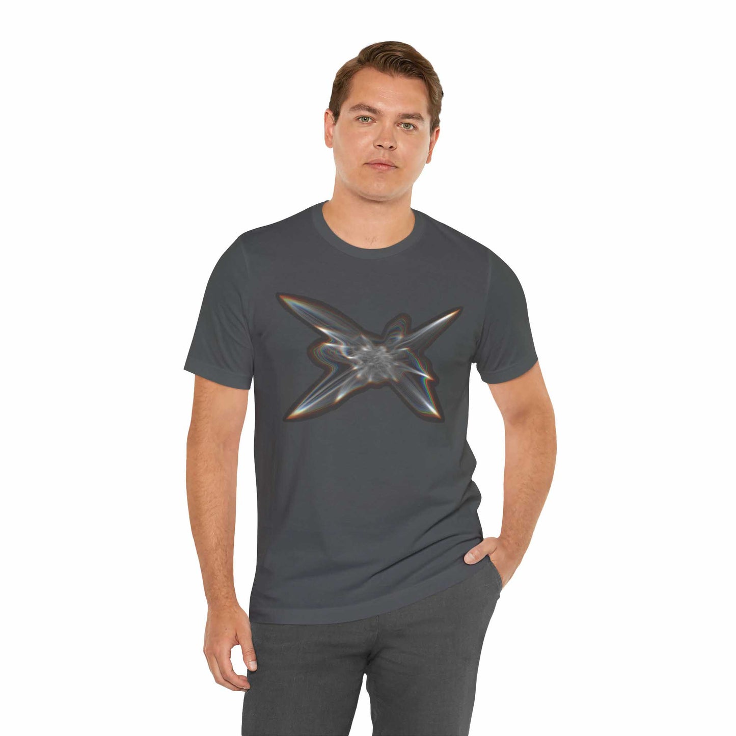 Guy wearing the Light Within graphic t-shirt in Asphalt color.
