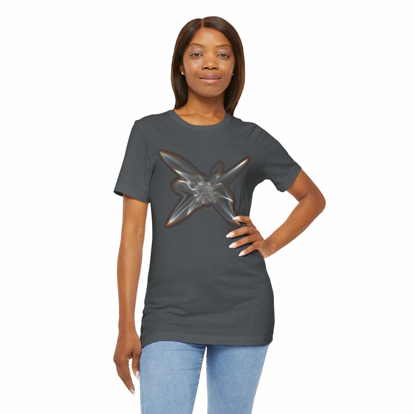 Woman wearing a Light Within graphic tee t-shirt.