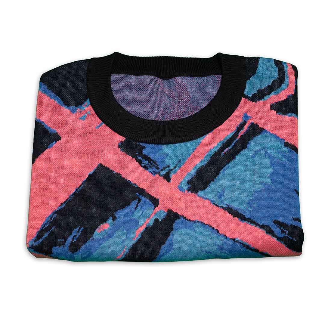 Integrated Visions Knitted sweater with abstract design in pink, blue, and black folded on a white background