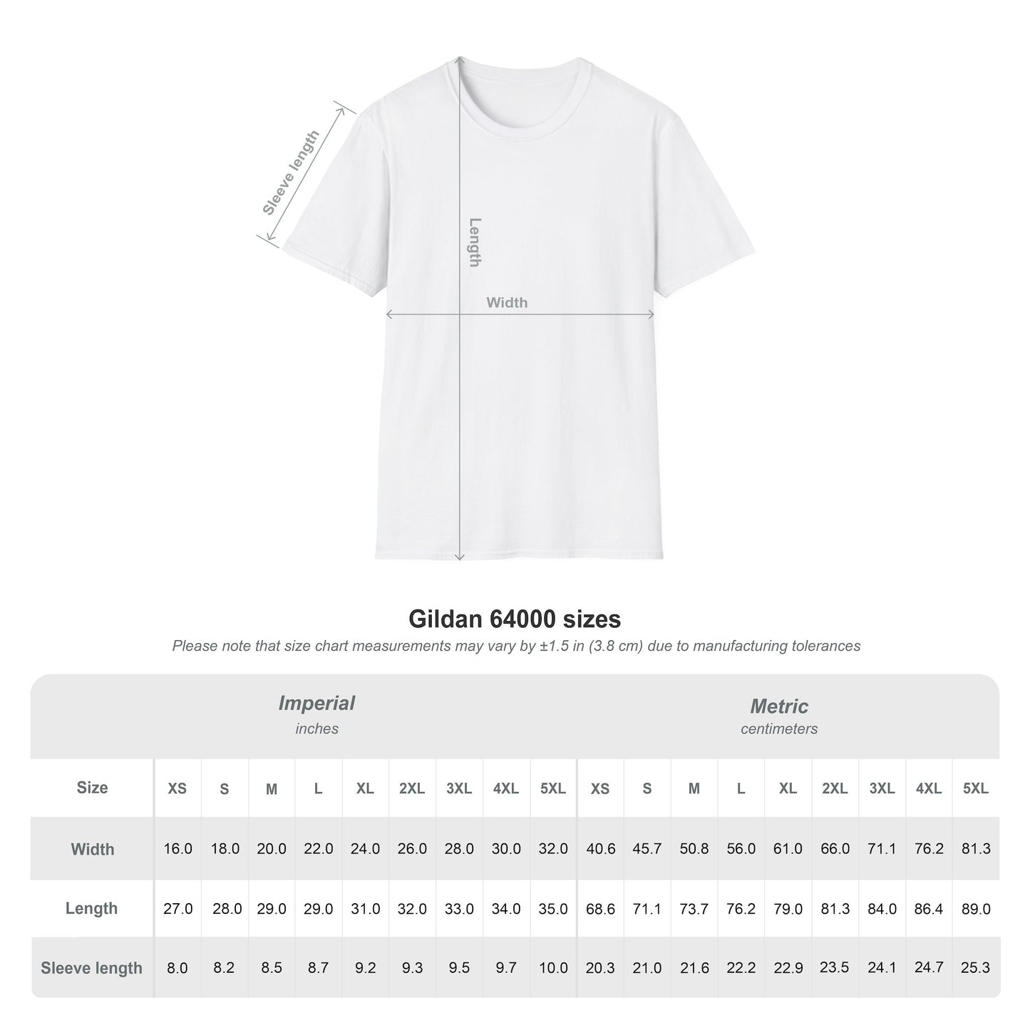 White t-shirt with size chart measurements on a white background for measurements of blue ridge t-shirt