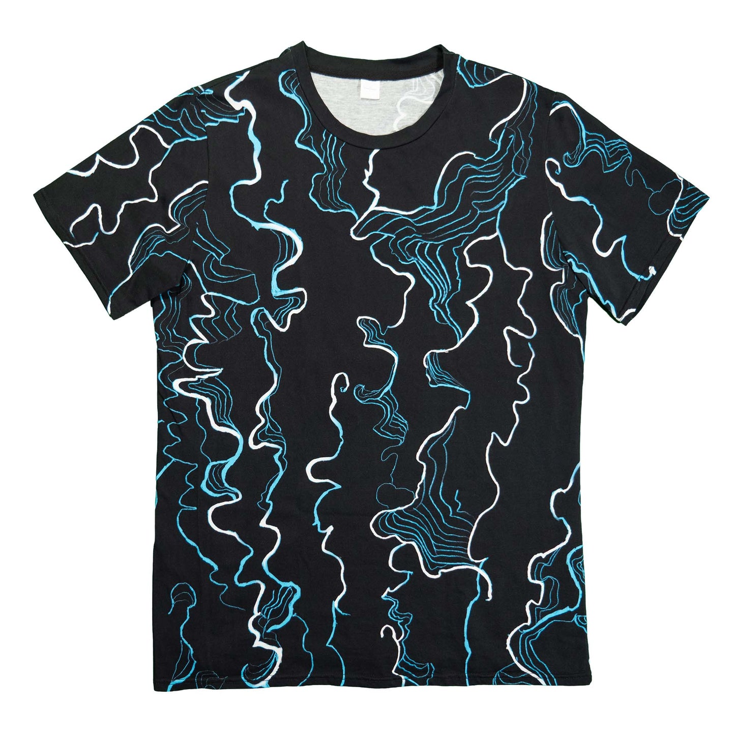 Black t-shirt with blue and white abstract line pattern on a white background