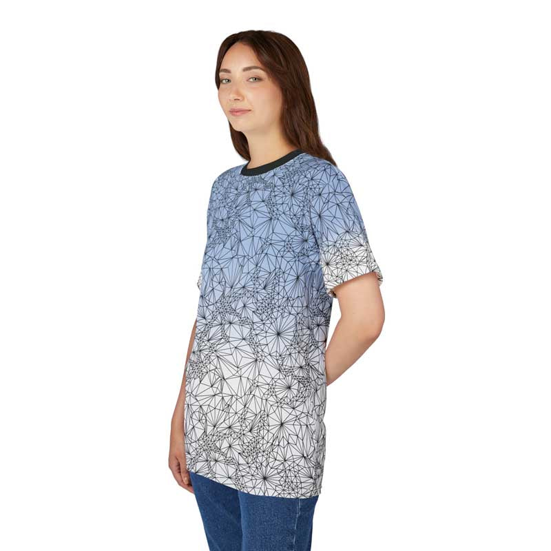 Woman wearing Tri-Mesh Geometric Unisex Graphic t-shirt with blue and white gradient
