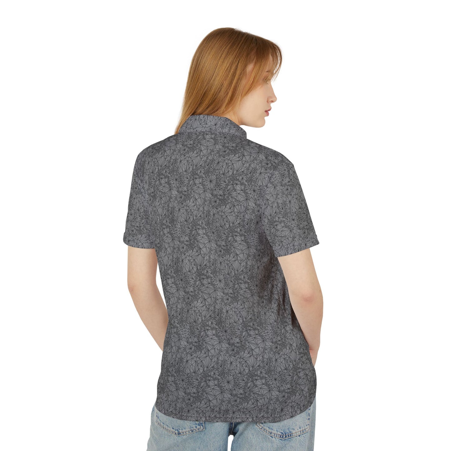 Back of woman wearing Tri-Geometric all over pattern Golf Style Shirt