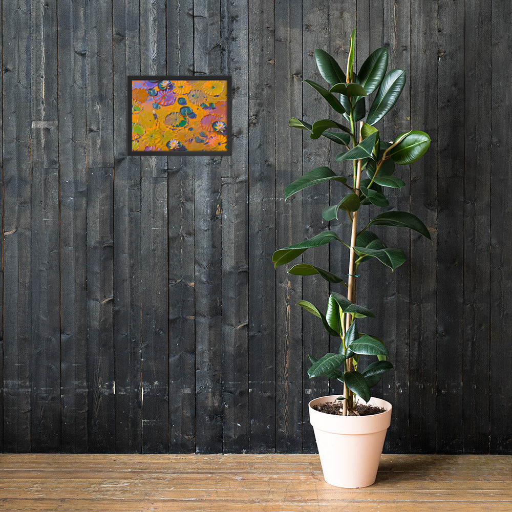 Watery Lily Pads Framed Art Print on Paper on a wood paneled wall 12 x 16