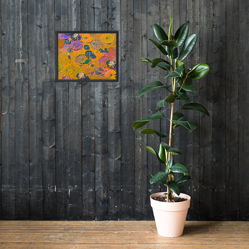 Watery Lily Pads Framed Art Print on Paper on a wood paneled wall 16 x 20