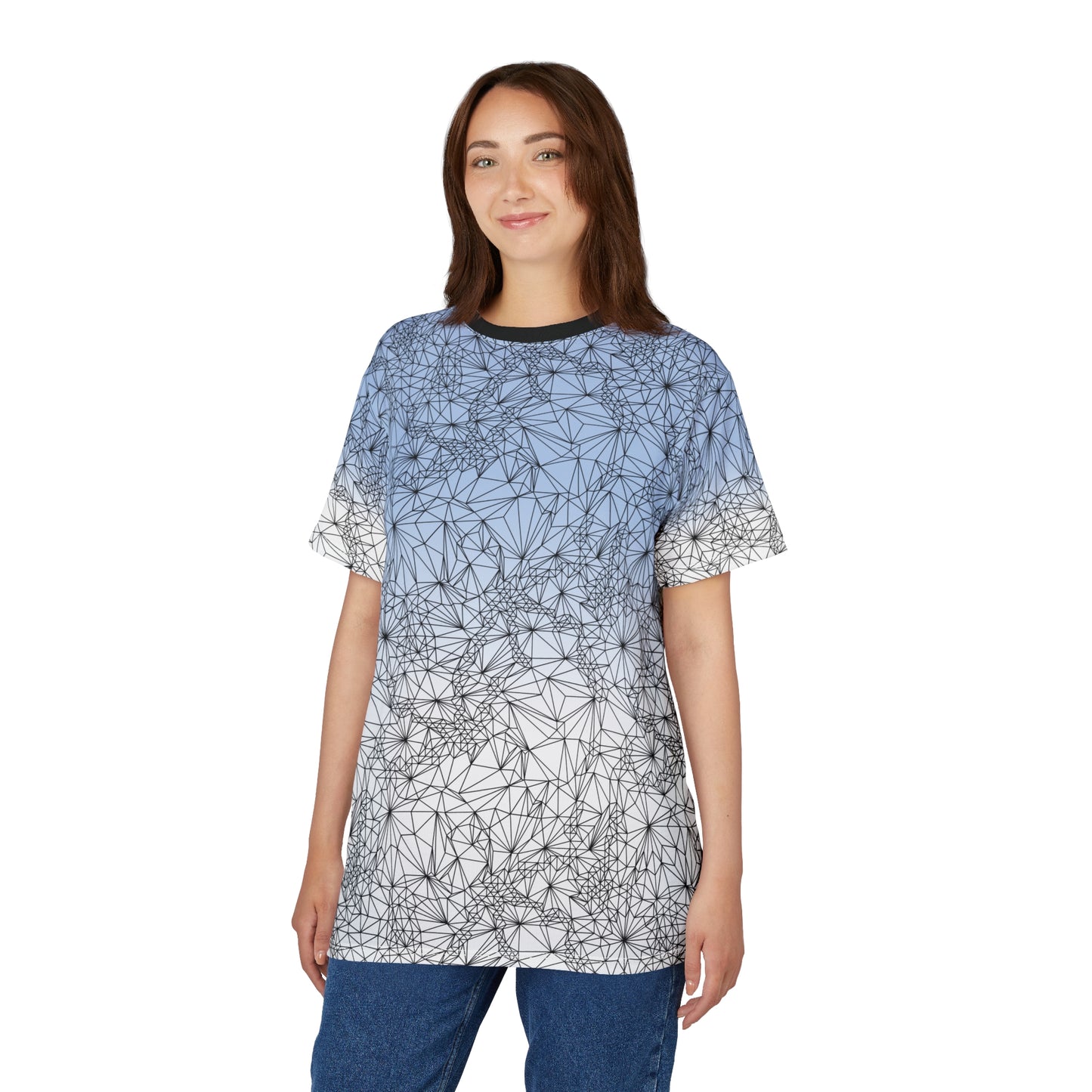 Woman wearing Womens Unisex Tri-Mesh Geometric Gradient T-shirt