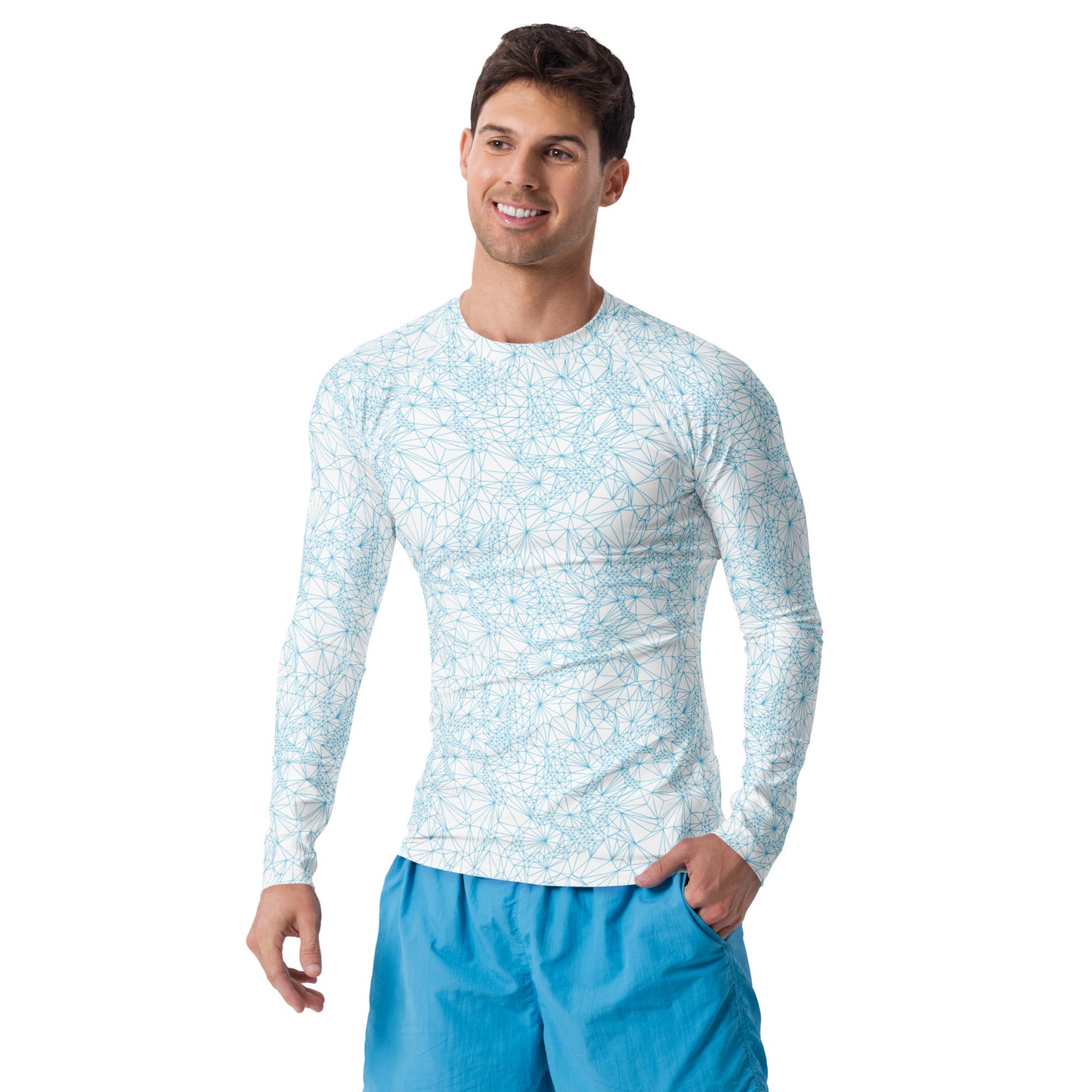 Guy wearing mens uv protection long sleeve shirt with tri-mesh geometric pattern