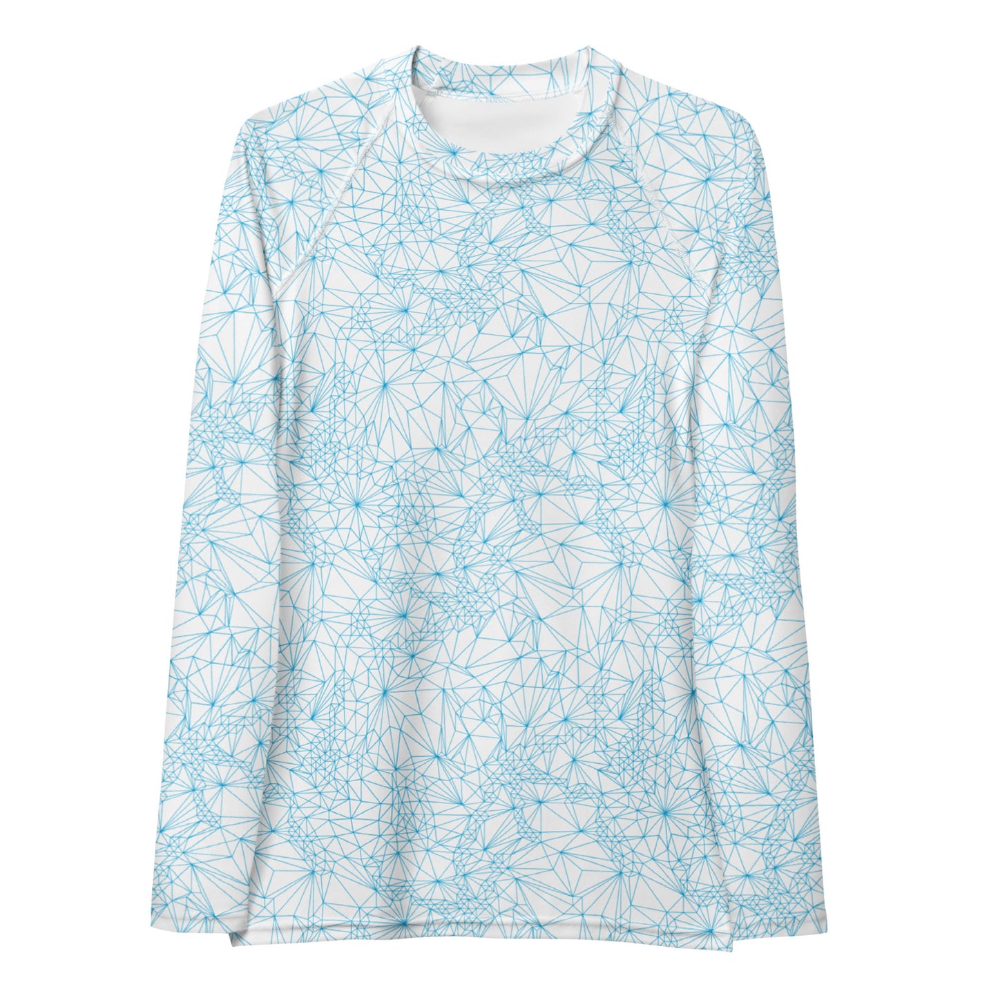 Front view of Tri-Mesh Geometric Women's UV 50+ Long Sleeve Shirt in White and Blue.