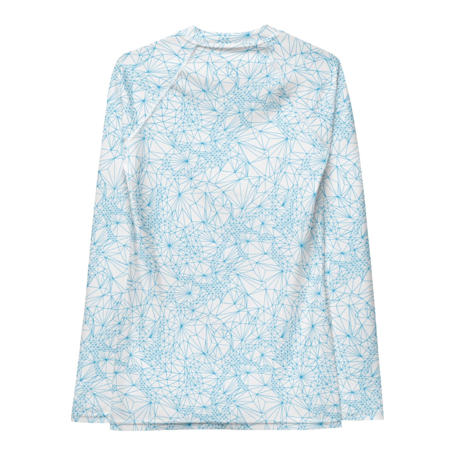 Back view of Tri-Mesh Geometric Women's UV 50+ Long Sleeve Shirt in White and Blue.