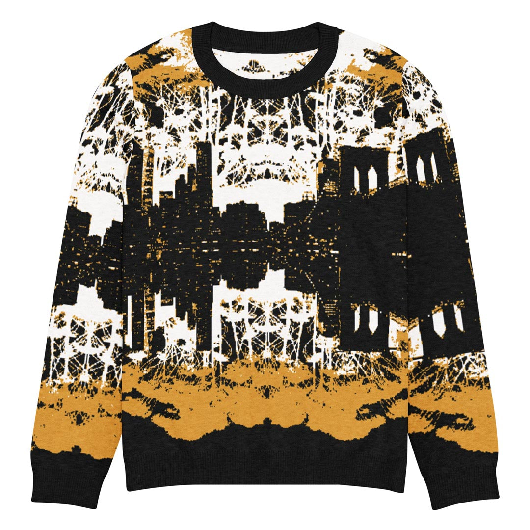 Cozy knit crew neck sweater featuring the NYC skyline from Brooklyn.