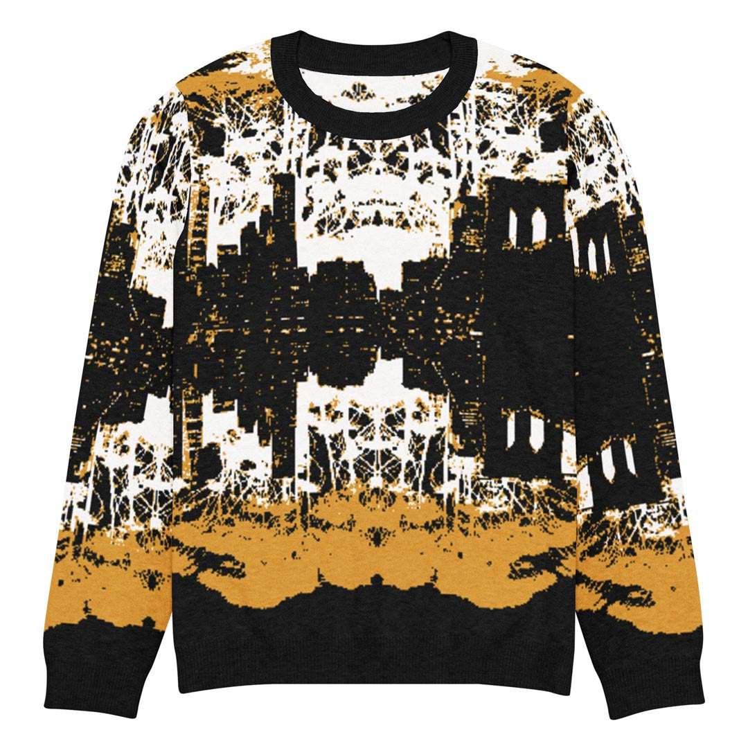 Cozy knit crew neck sweater featuring the NYC skyline from Brooklyn.
