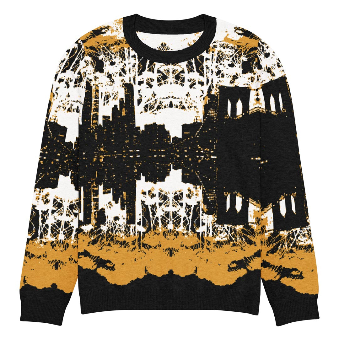 Cozy knit crew neck sweater featuring the NYC skyline from Brooklyn.