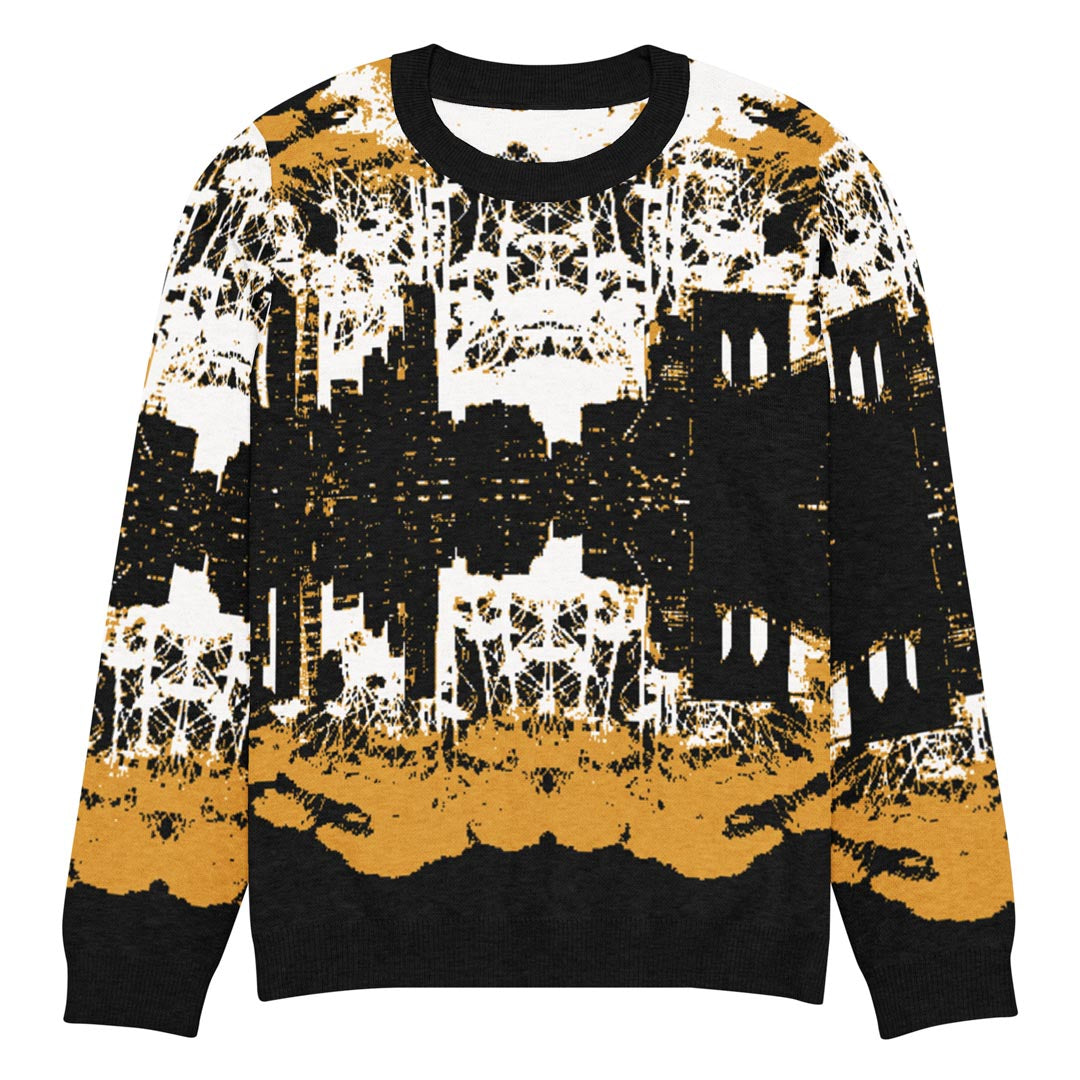 Cozy knit crew neck sweater featuring the NYC skyline from Brooklyn.