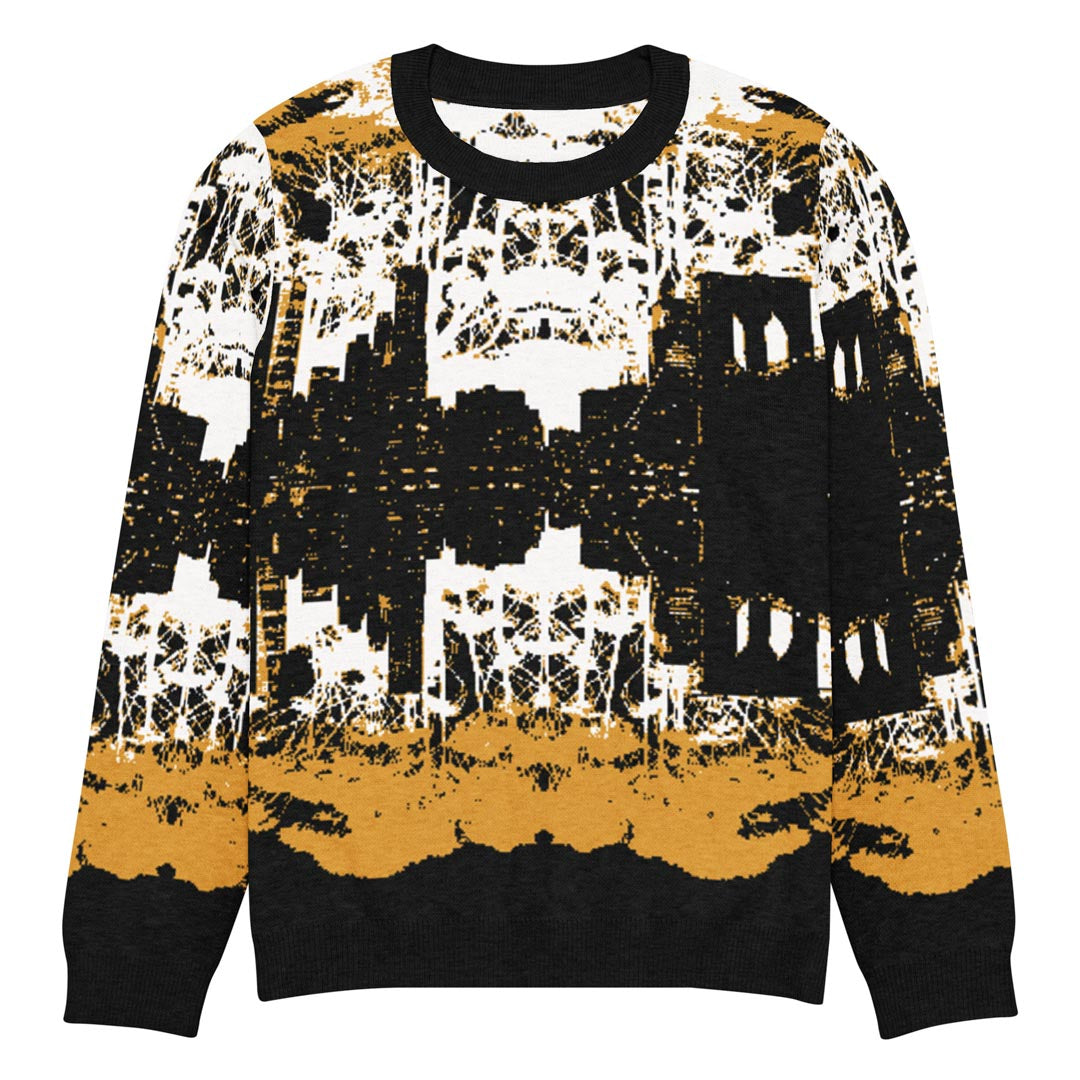 Cozy knit crew neck sweater featuring the NYC skyline from Brooklyn.