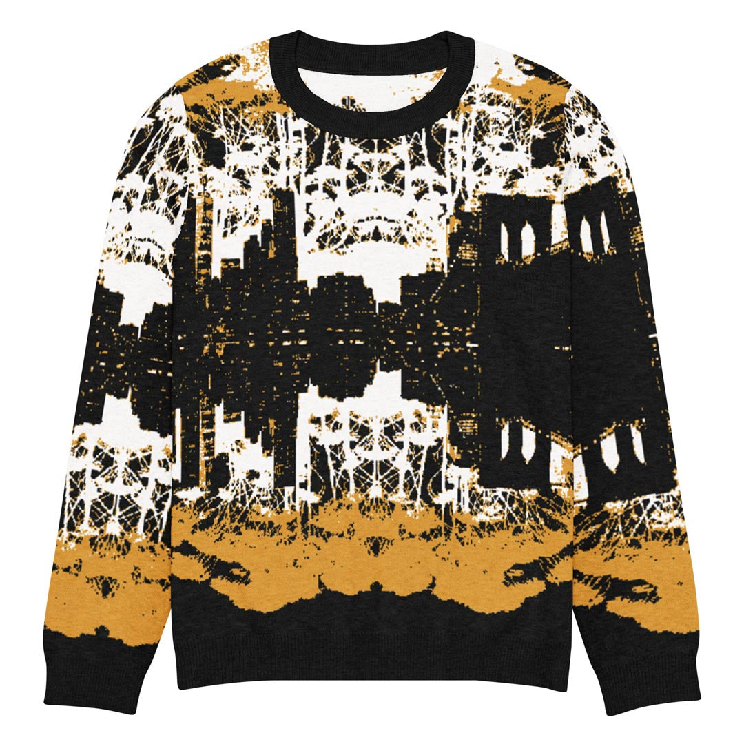 Cozy knit crew neck sweater featuring the NYC skyline from Brooklyn.