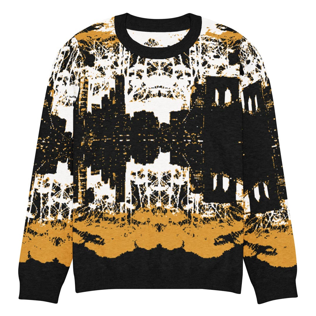Cozy knit crew neck sweater featuring the NYC skyline from Brooklyn.