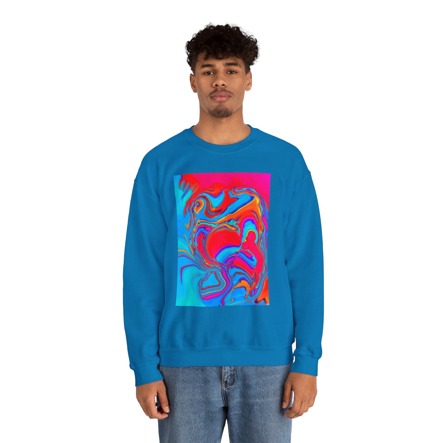 A man wearing the colorful sapphire blue Improvisational Abstract Crewneck Sweatshirt by Bryan Dodson