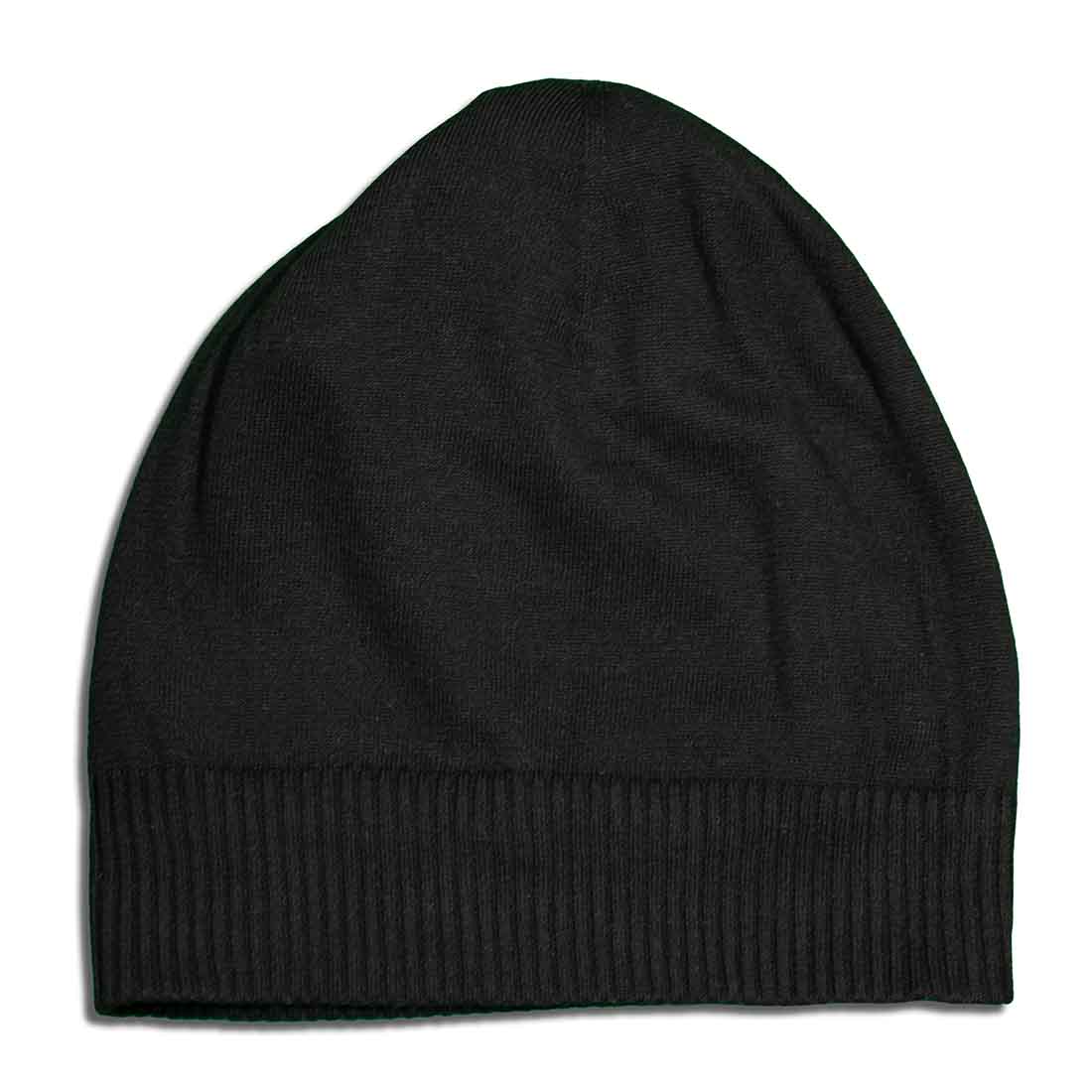 Inside of the Knitted beanie colorful abstract winter hat with 4 different colored yarns and black inner lining.