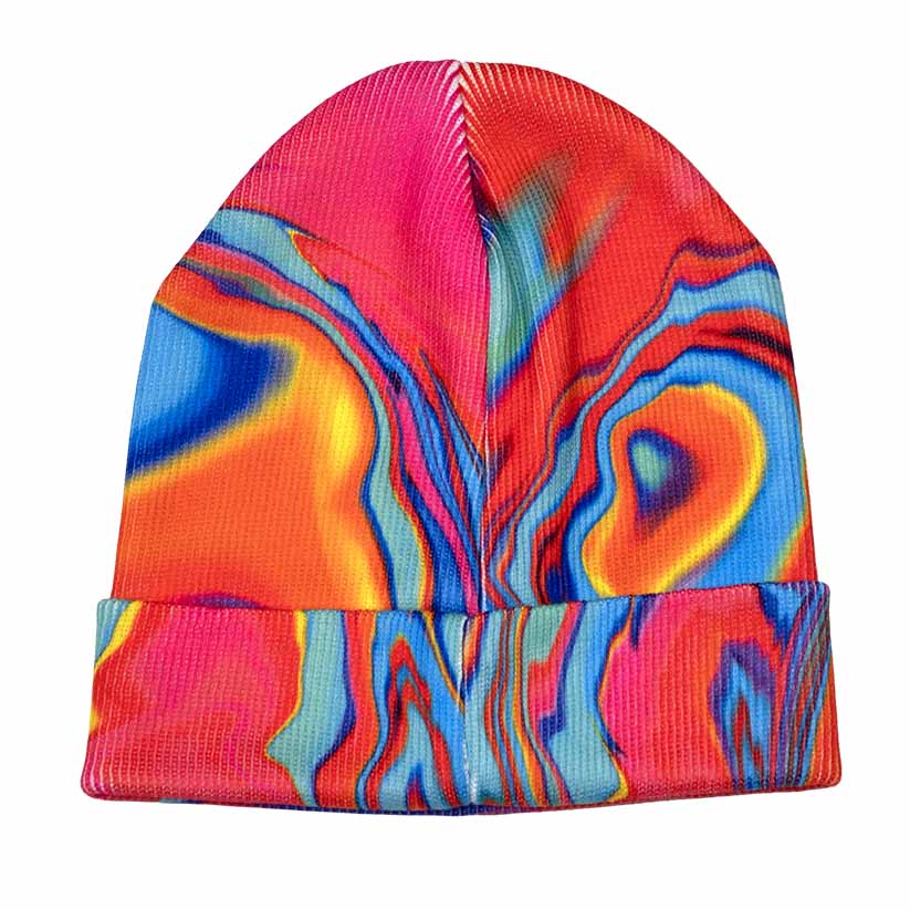 Back of printed knitted beanie with colorful Abstract Improvisation print.