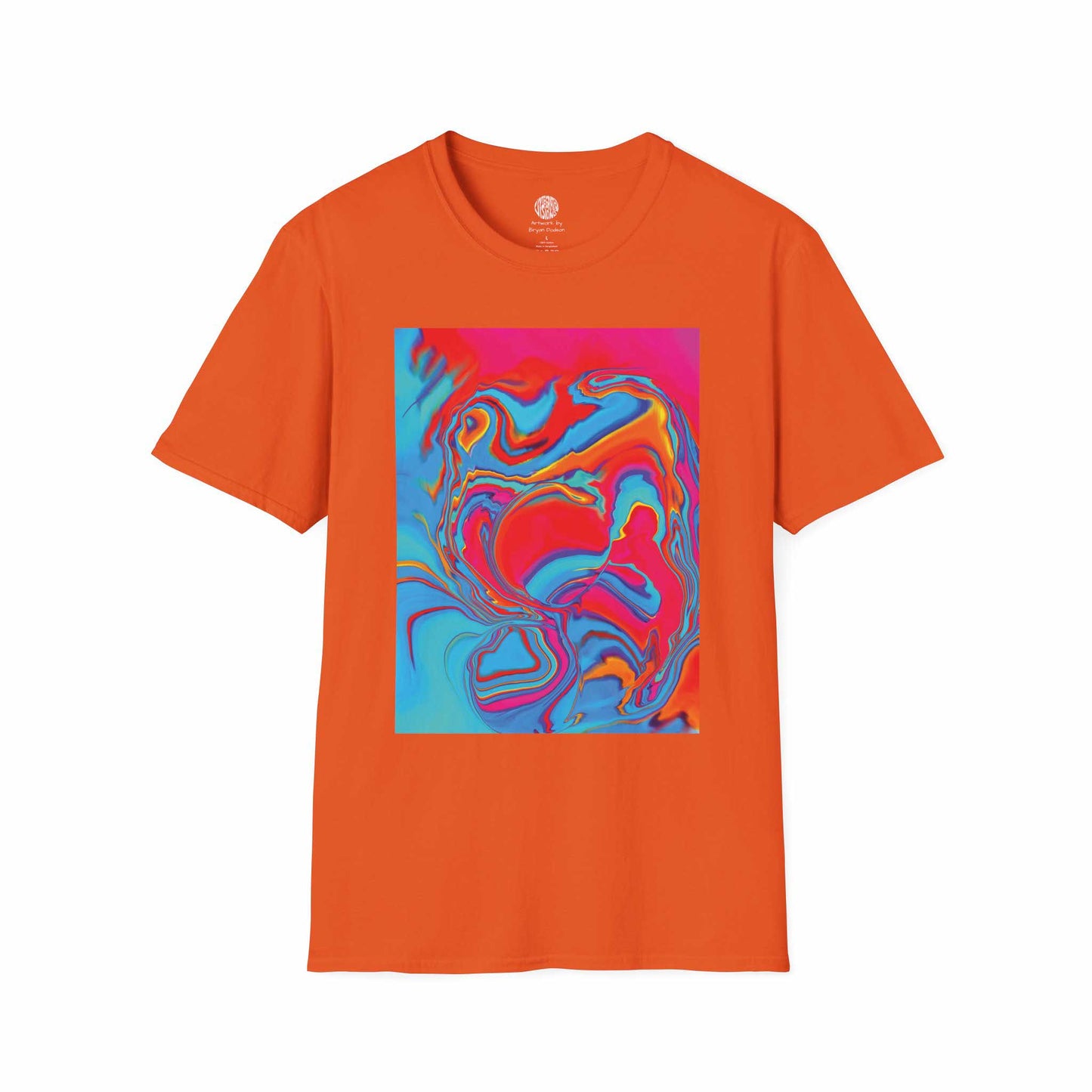 Front view of the Softstyle T-Shirt Improvisational Abstract in Orange with a white background.