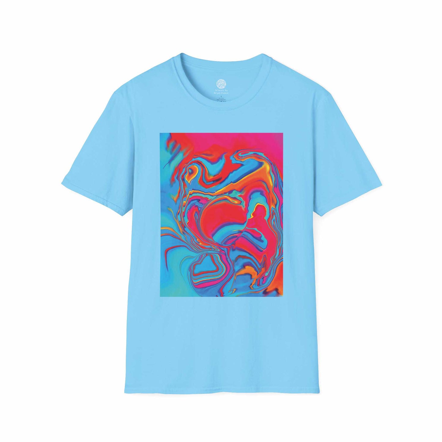 Sky blue version of the Softstyle T-Shirt with Improvisational Abstract print by Bryan Dodson.