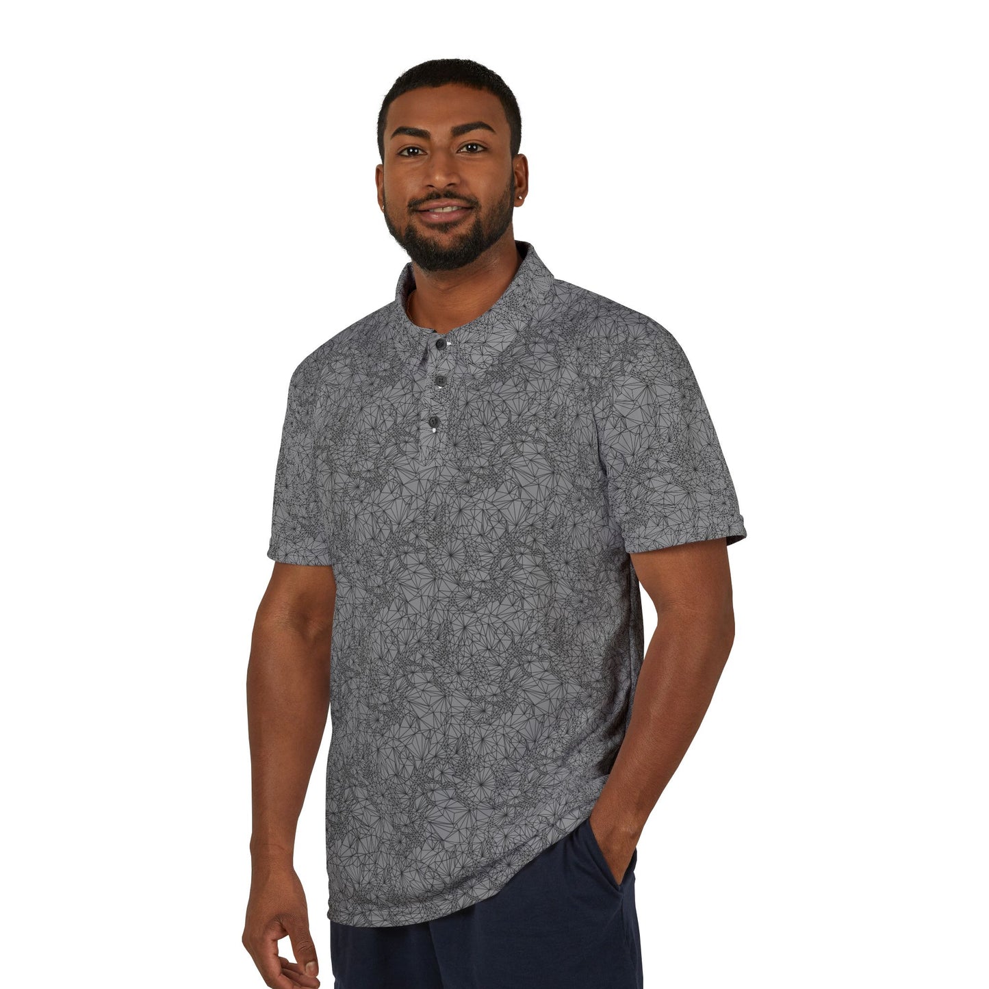 Man wearing Tri-Geometric all over pattern Golf Style Shirt